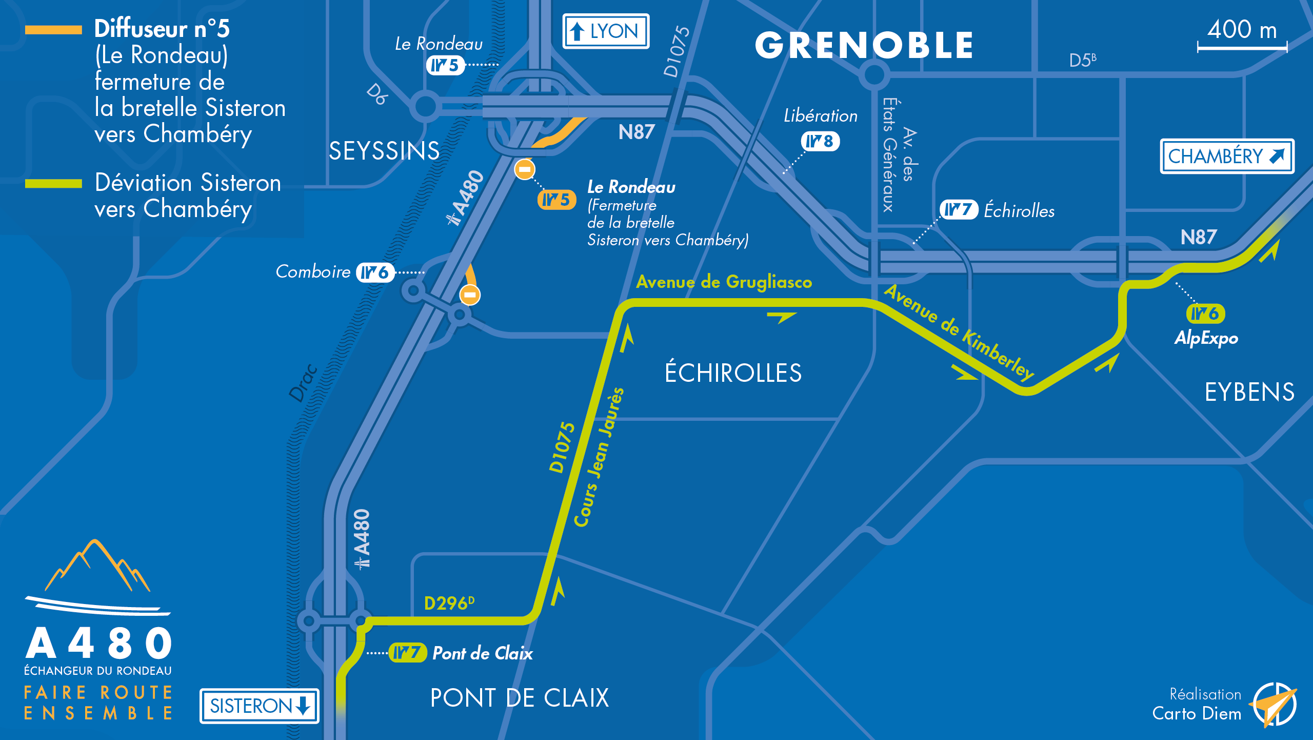 Carte de déviation suite à la fermeture de la bretelle d'accès à la nationale N87 depuis Sisteron sur l'échangeur du Rondeau