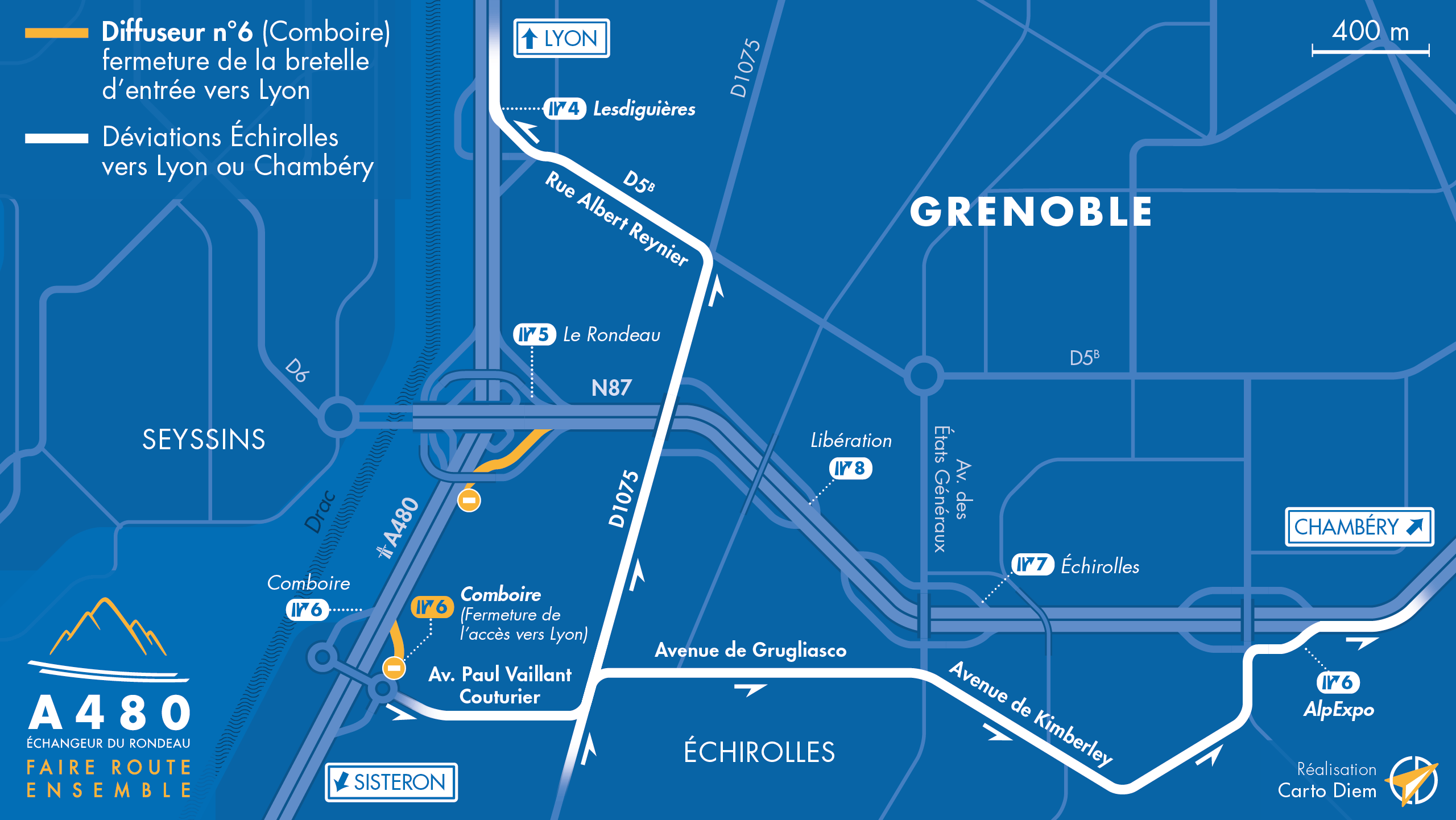 carte de déviation suite à la fermeture des sur l'échangeur du Rondeau et le diffuseur de Comboire en direction de Lyon ou Chambéry
