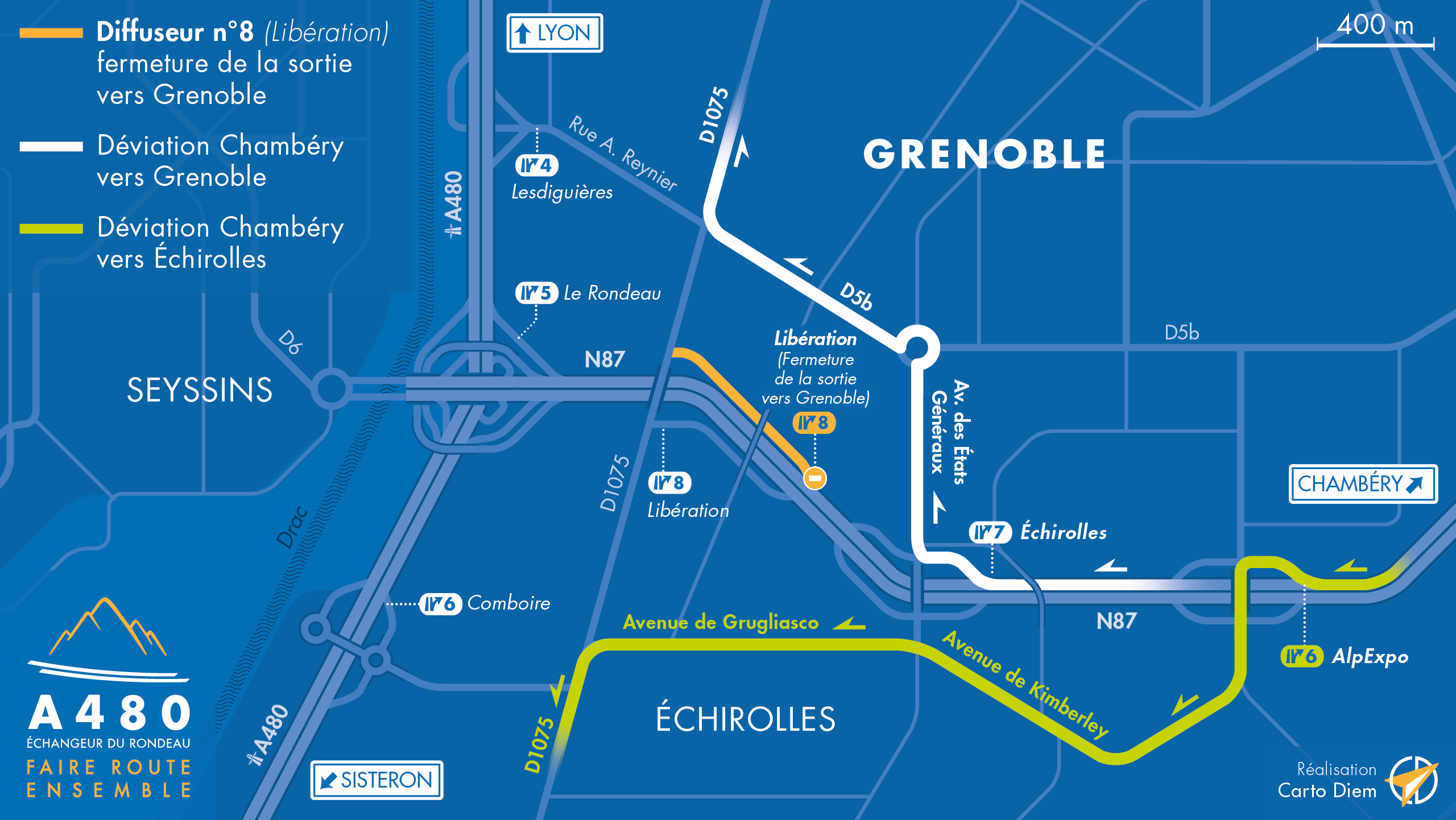 Carte de déviation suite à la fermeture de la bretelle de sortie Liberation (n°8) sur la N87