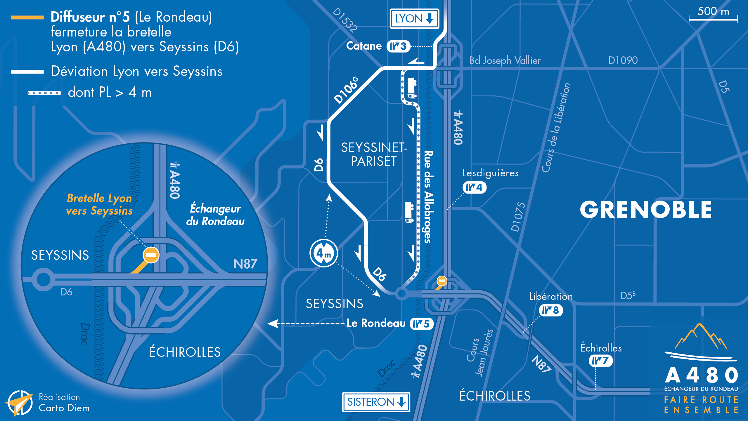 Carte de déviation suite à la fermeture de la bretelle de sortie depuis Lyon vers Seyssins sur l'échangeur du Rondeau (n°5)