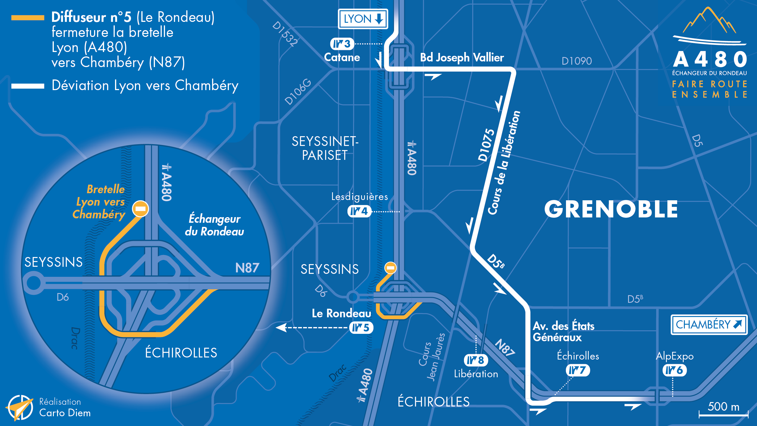 Carte de déviation suite aux travaux d'aménagement sur la bretelle d'insertion Nord en direction de la nationale N87 par les équipes de la DREAL