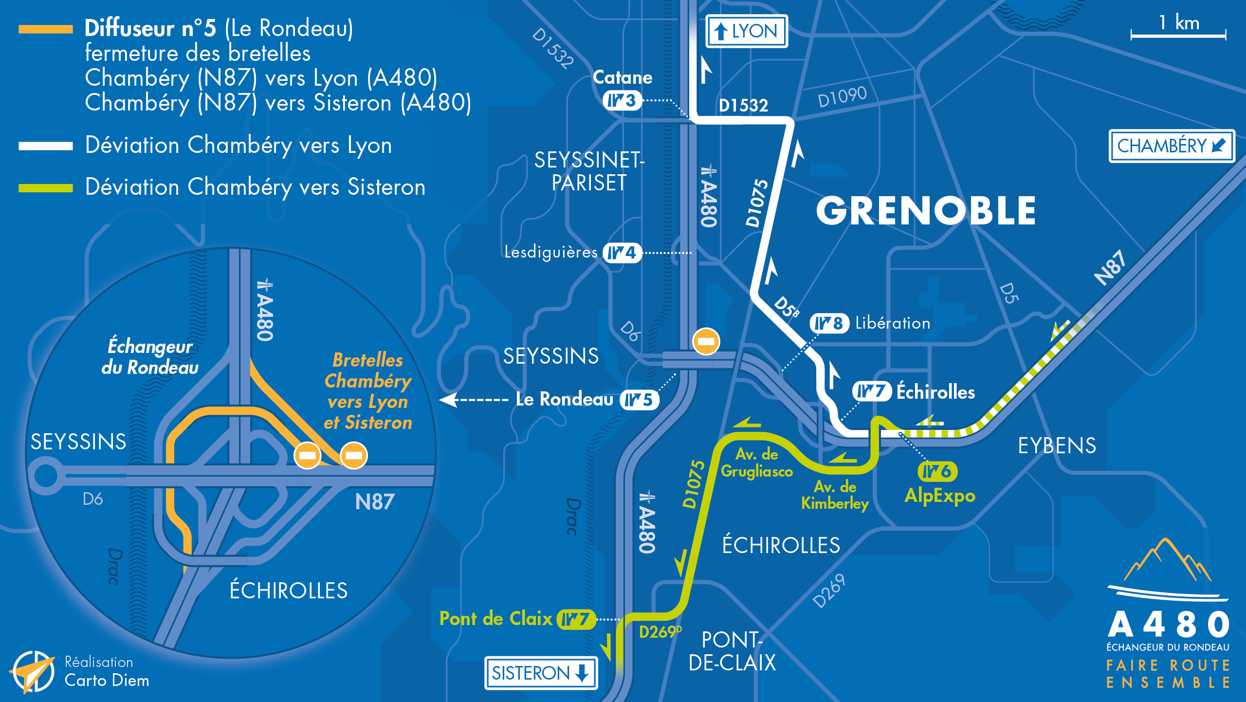 Carte de déviation suite à la fermeture de la brette d'entrée de l'A480 Nord ainsi que la bretelle d'entrée en direction de l'A480 Sud depuis la nationale N87.
