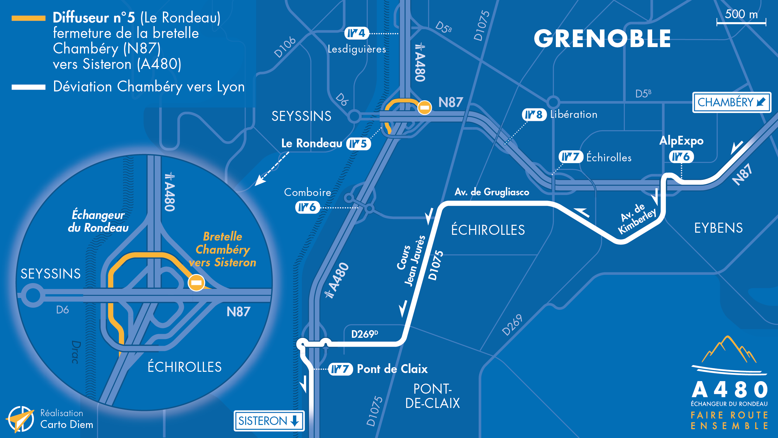 Carte de déviation suite à la fermeture de la bretelle d'entrée vers l'autoroute A480 sud depuis Chambéry via la nationale N87