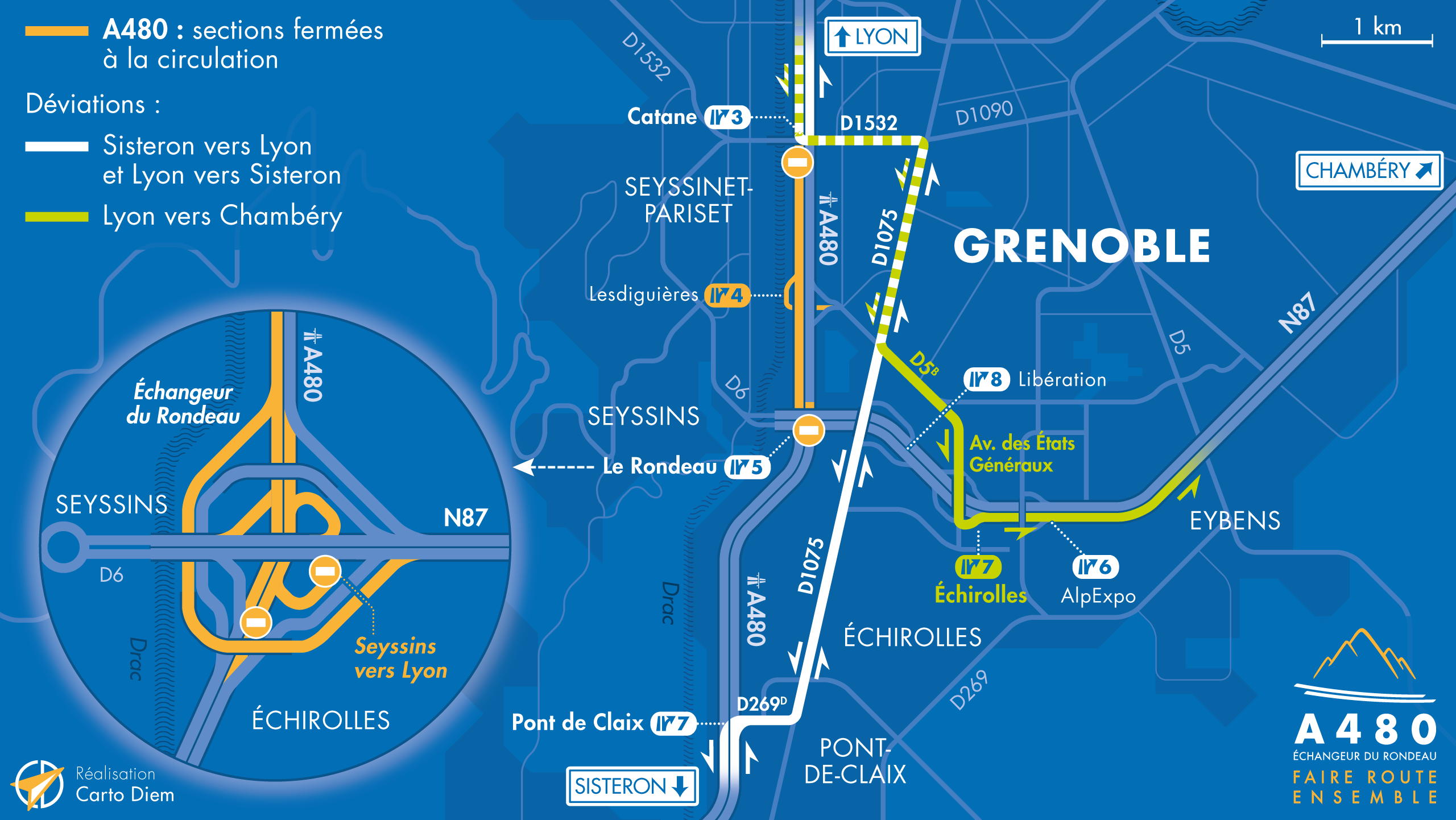 Carte de déviation suite à la fermeture de l'échangeur du Rondeau vers l'autoroute A480 Nord jusqu'au diffuseur de Lesdiguières.
