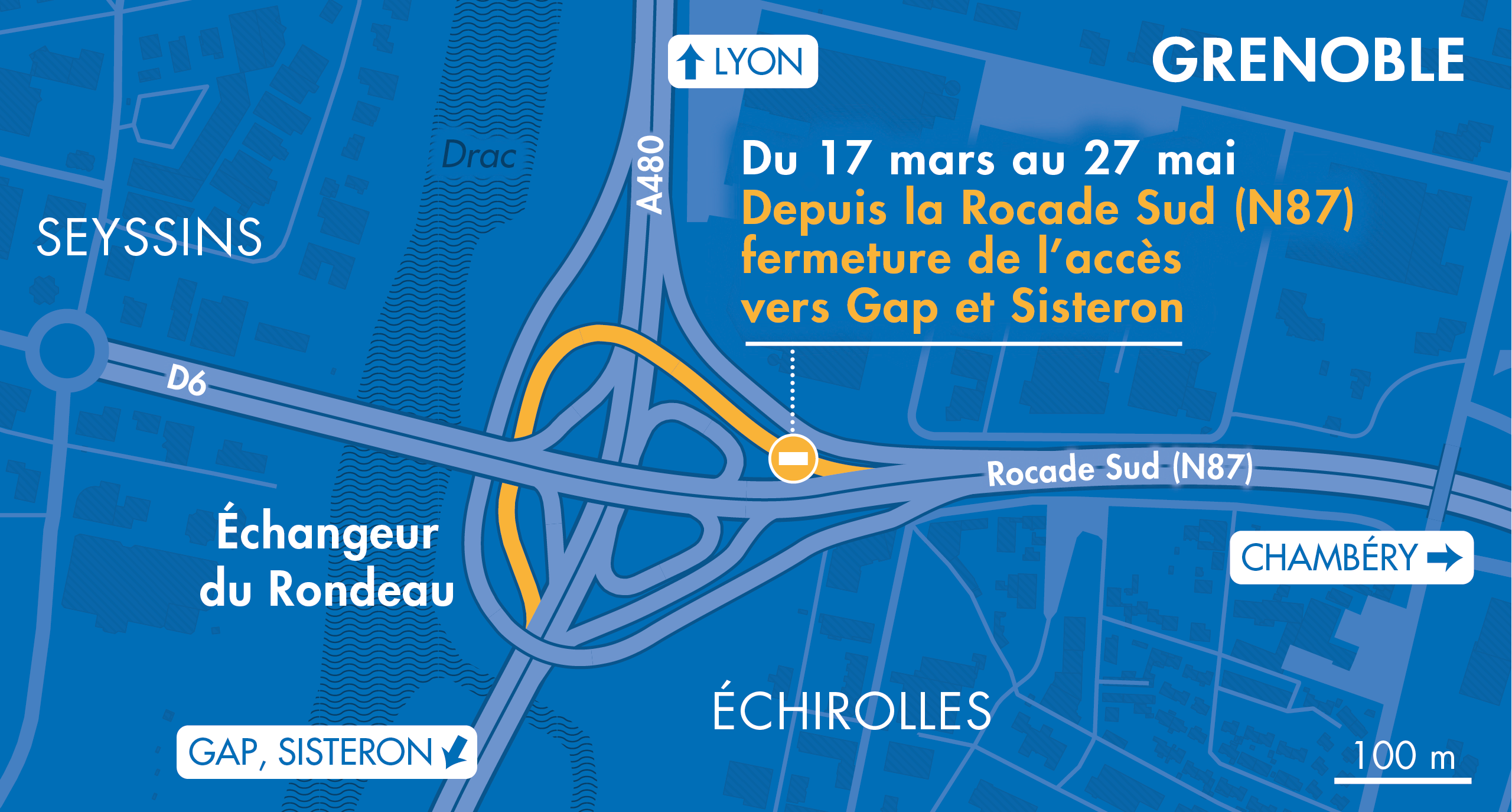 Carte de déviation suite à la fermeture de la bretelle Chambéry vers Sisteron sur l'échangeur du Rondeau