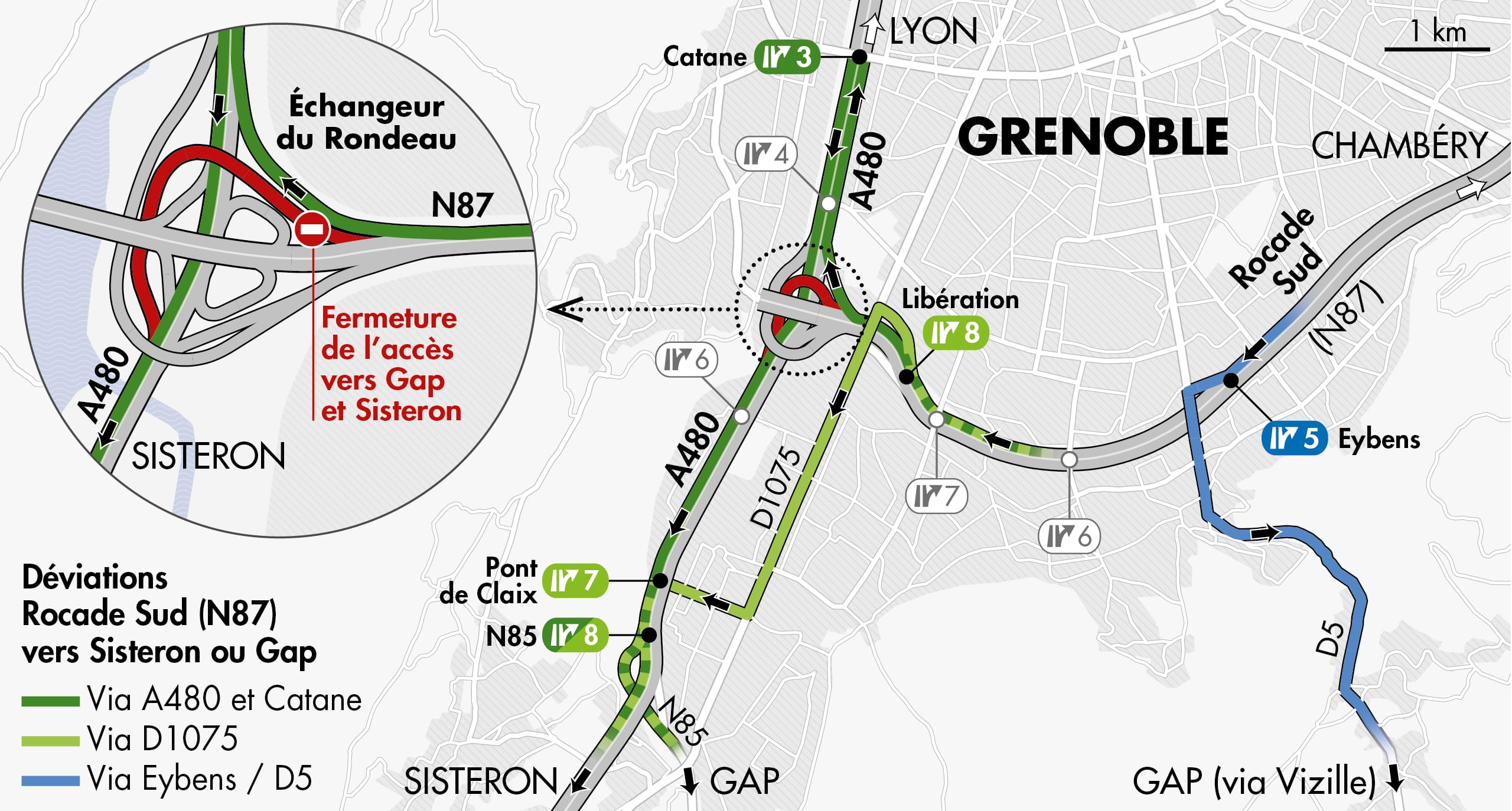 Carte de déviation suite à la fermeture de la bretelle Chambéry vers Sisteron sur l'échangeur du Rondeau