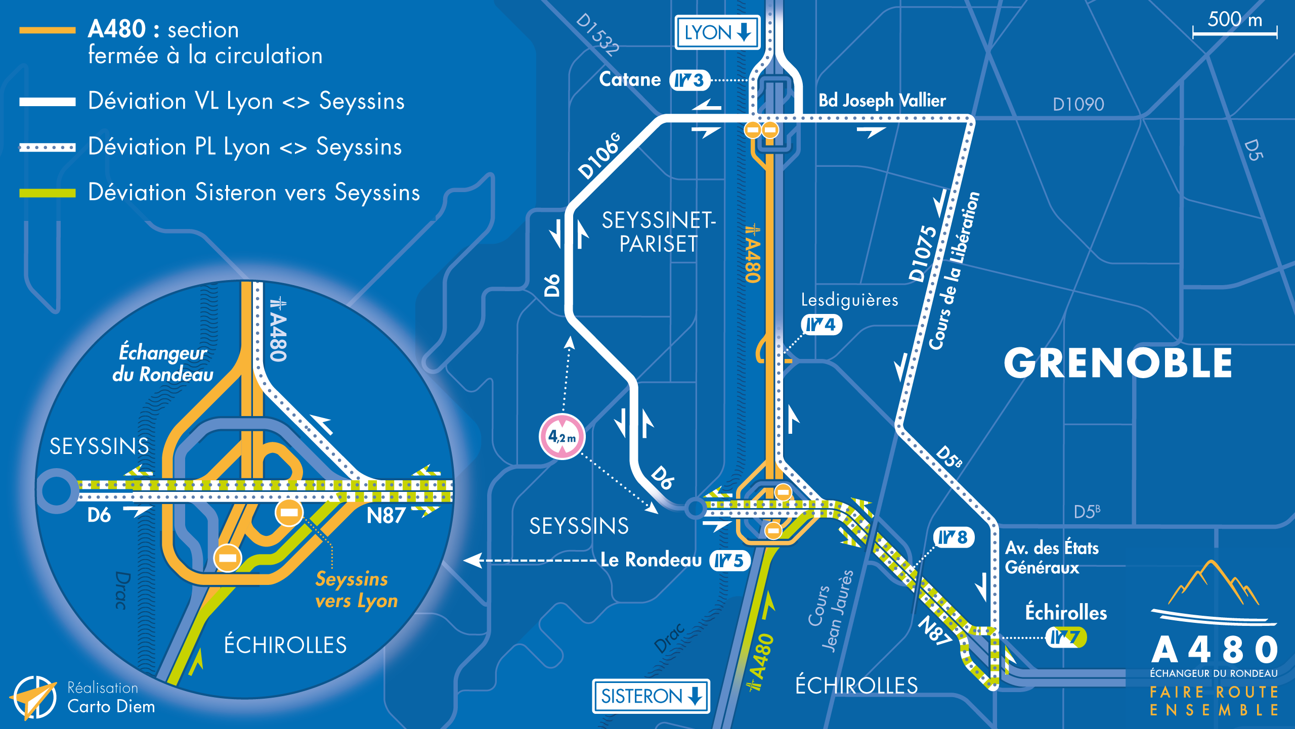 Carte de déviation spécifique sur le secteur de Seyssins suite à la fermeture de l'échangeur du Rondeau vers l'autoroute A480 Nord jusqu'au diffuseur de Lesdiguières.