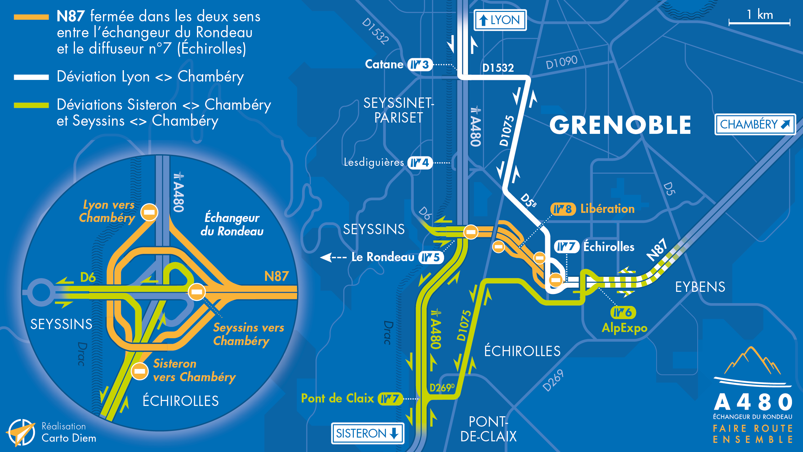 Carte de déviation suite aux fermetures sur l'échangeur du Rondeau ainsi qu'une partie de la nationale N87 jusqu'au diffuseur d'Échirolles