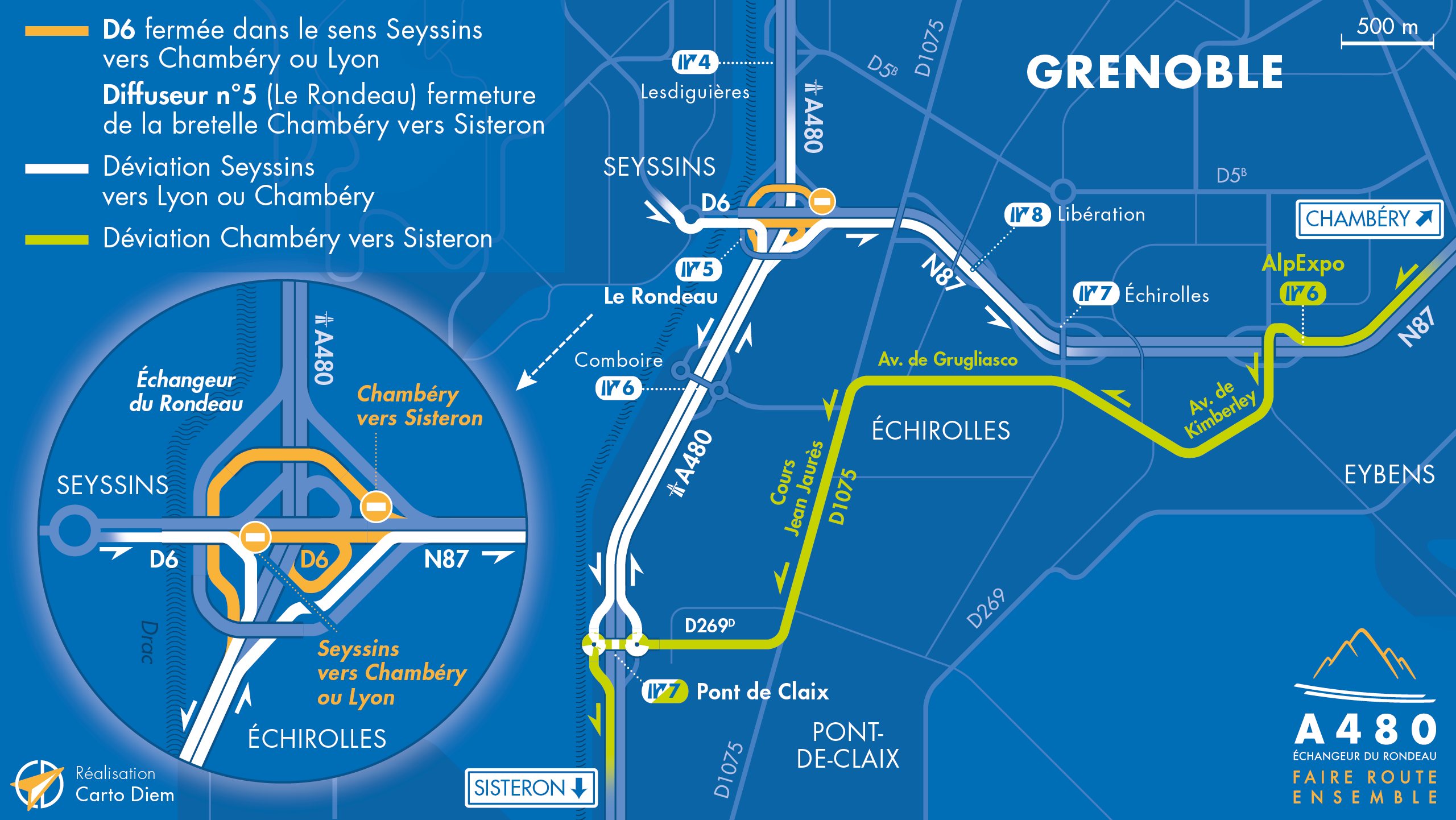 Carte de déviation suite à la fermeture de la breteele d'entrée sur l'autoroute 1480 Sud depuis Chambéry ainsi que la départementale D6 vers Lyon ou Chambréry sur l'échangeur du Rondeau