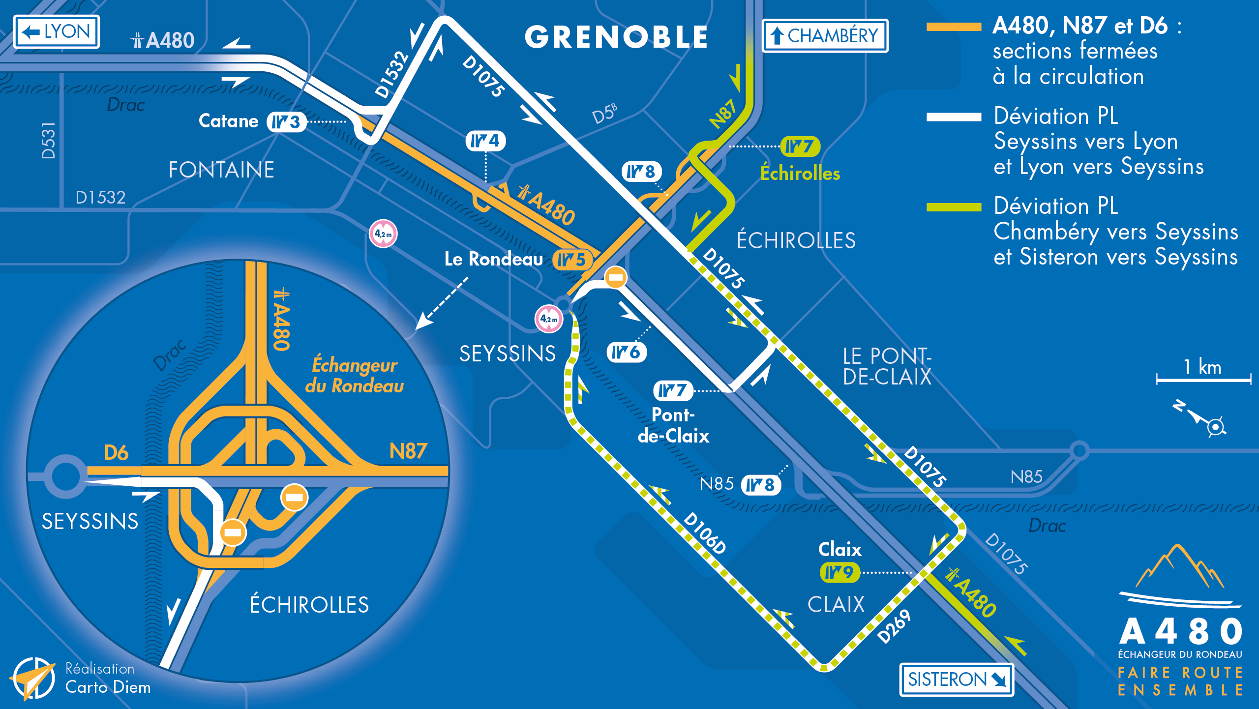 Carte de déviation prescrite pour les poids lourds suite à la fermeture de bretelles sur l'échangeur du Rondeau par les équipes de la DREAL