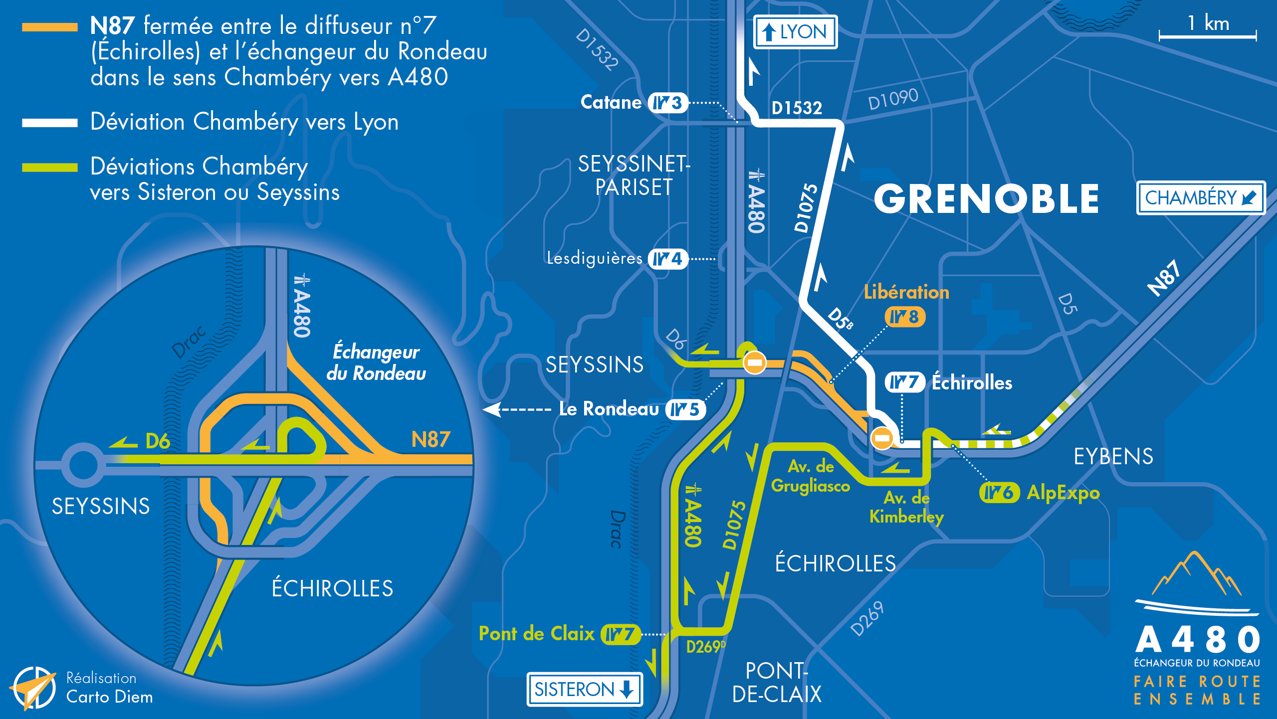 Carte de déviation suite à la fermeture de la bretelle Chambéry vers Lyon, Sisteron ou Seyssins sur l'échangeur du Rondeau.