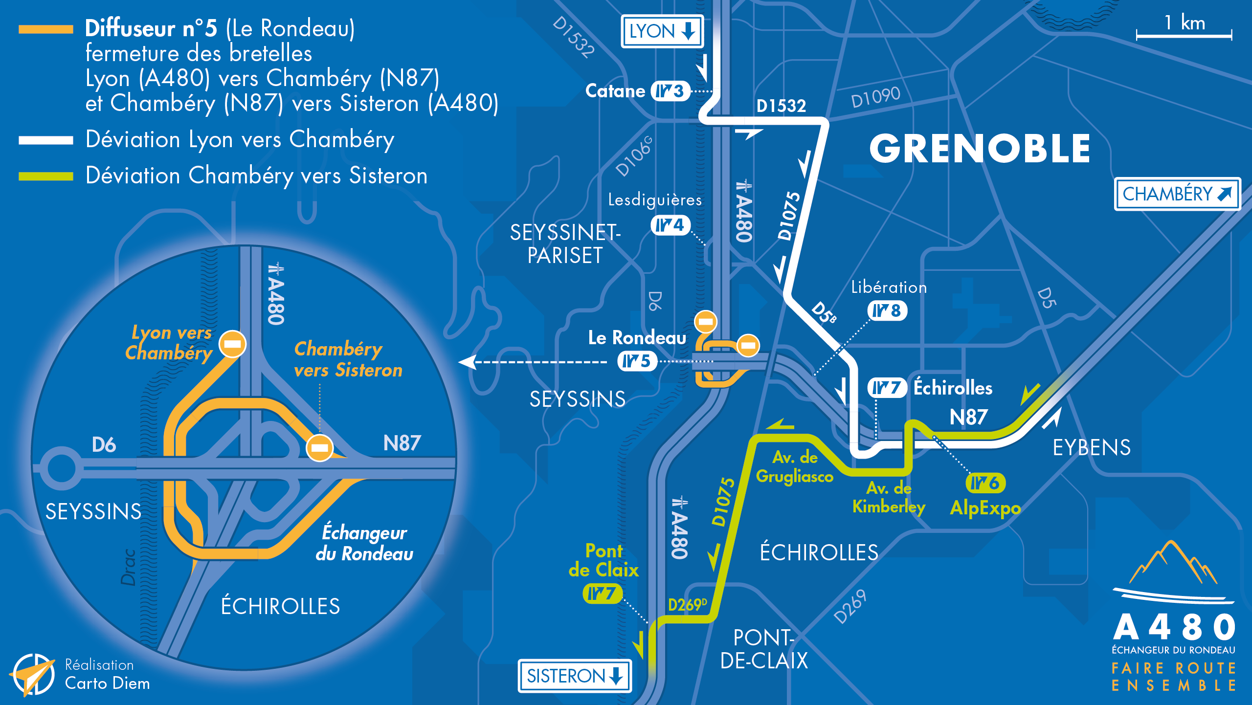 Carte de déviation suite à la fermeture de bretelles sur l'échangeur du Rondeau