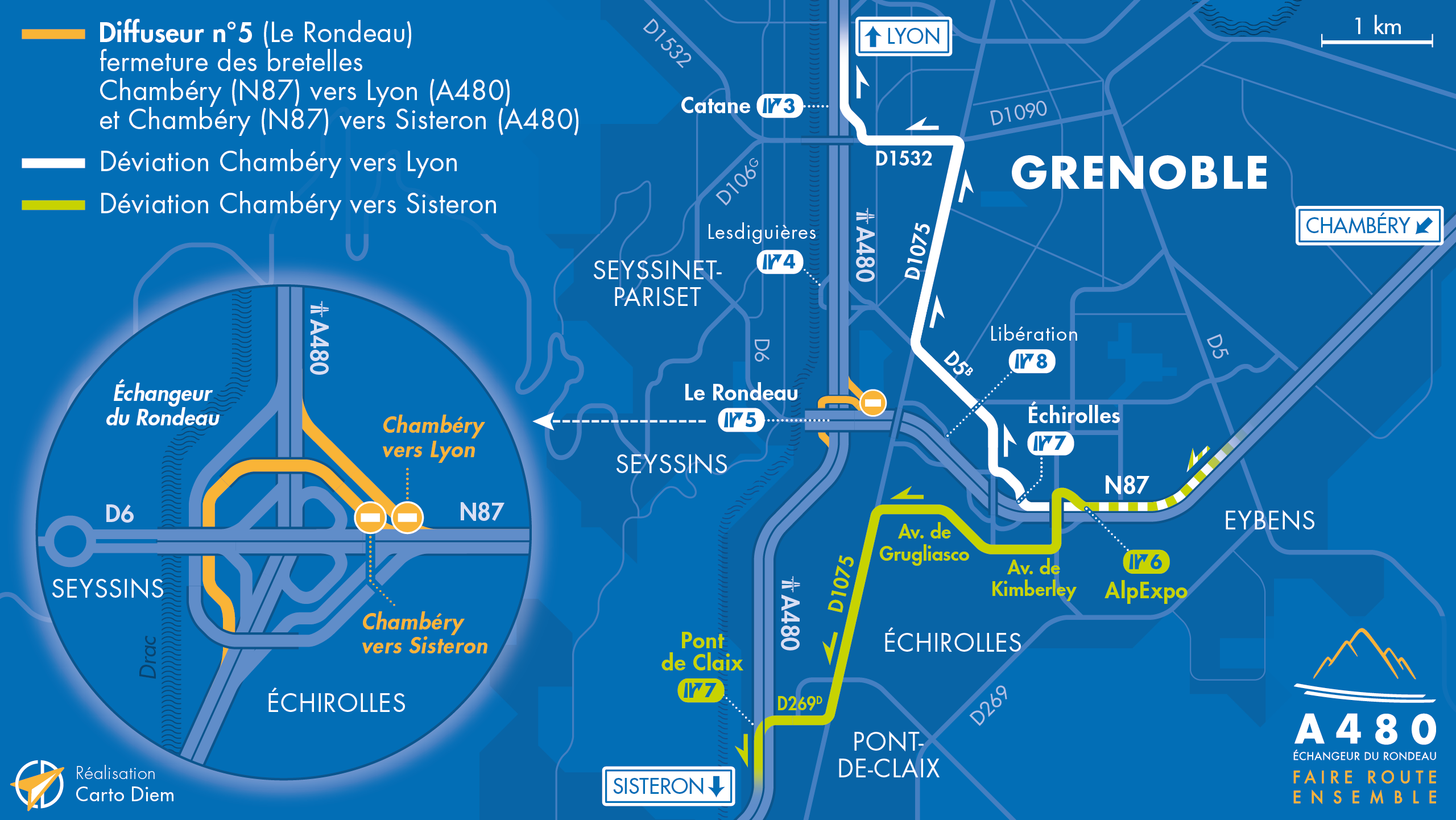 Carte de déviation suite à la fermeture de bretelles sur l'échangeur du Rondeau