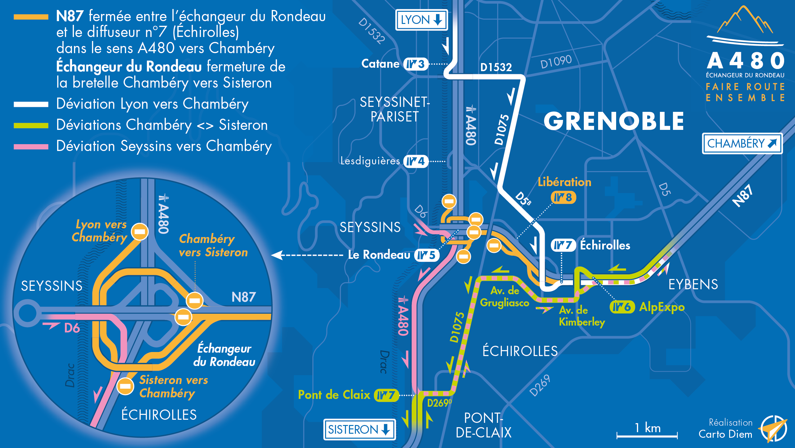 Carte de déviation suite à la fermeture de la nationale N87 en direction de Chambéry entre l'échangeur du Rondeau et le diffuseur d'Échirolles.