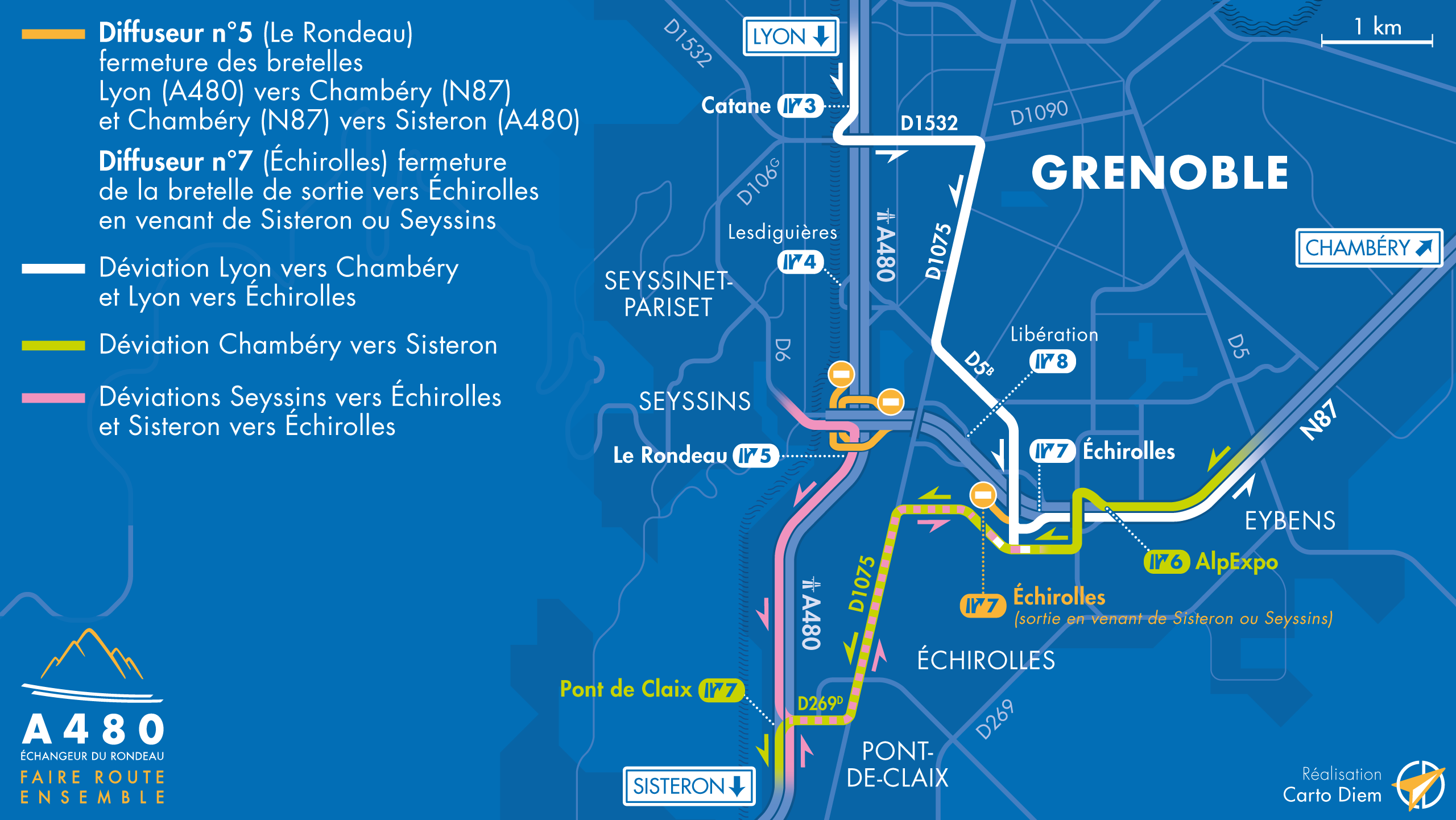 Carte de déviation suite à la fermeture sur l'échangeur du Rondeau et le diffuseur d'Échirolles.