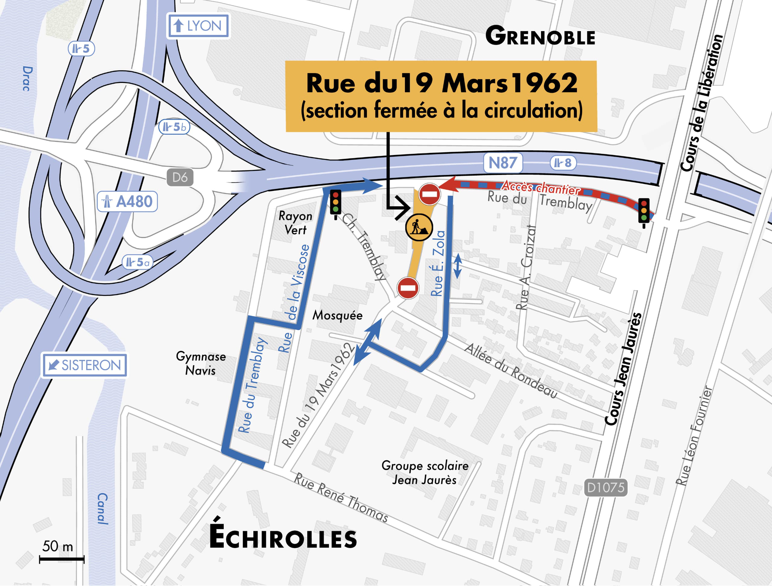 Carte de circulation suite aux travaux de renouvellement des réseaux d’eaux potables et d’eaux usées rue du 19 mars 1962 à Échirolles