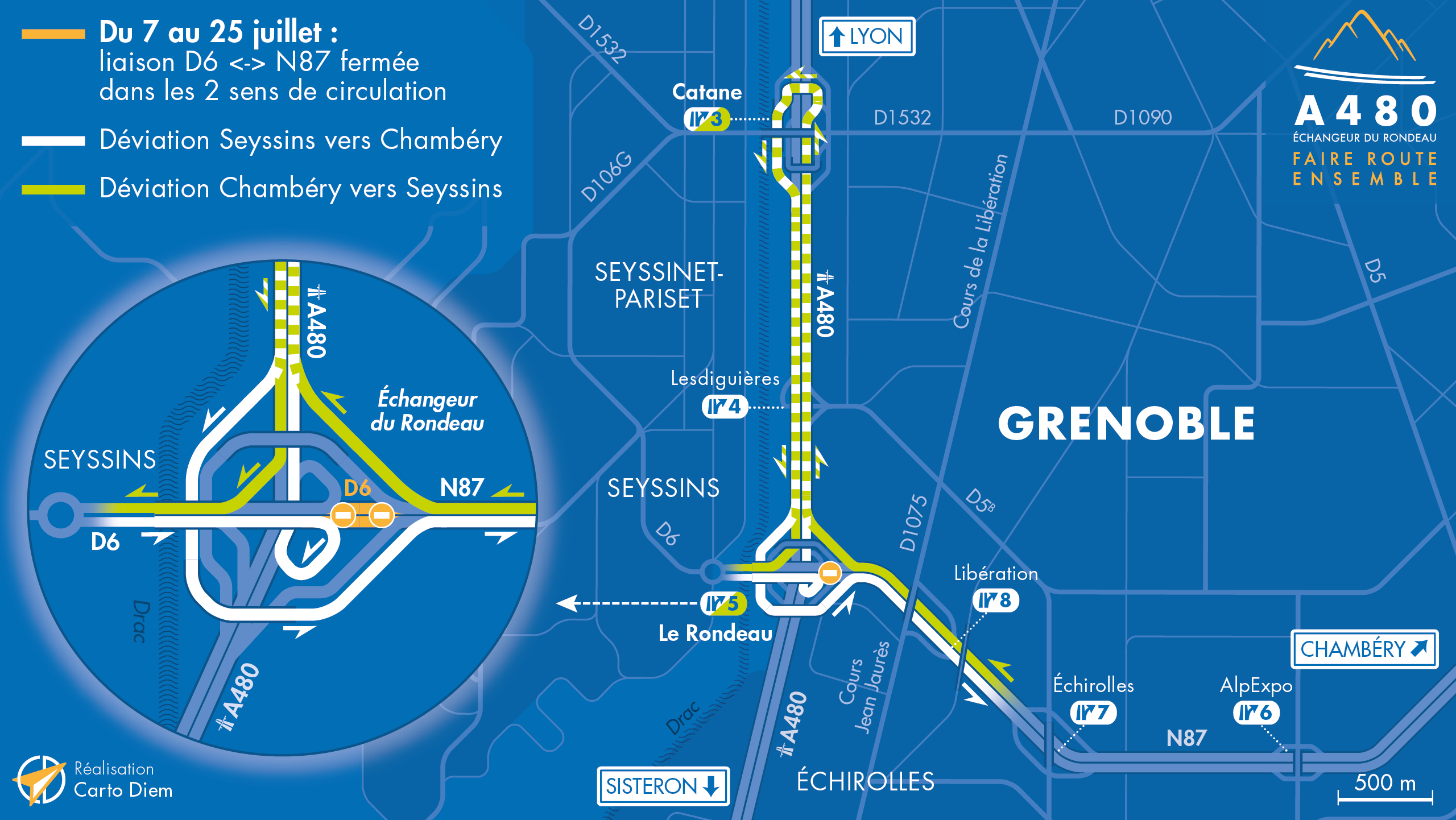 Carte de déviation entre le 7 et le 25 juillet 2025 suite aux aménagement de la nationale N87 par les équipes de la DREAL