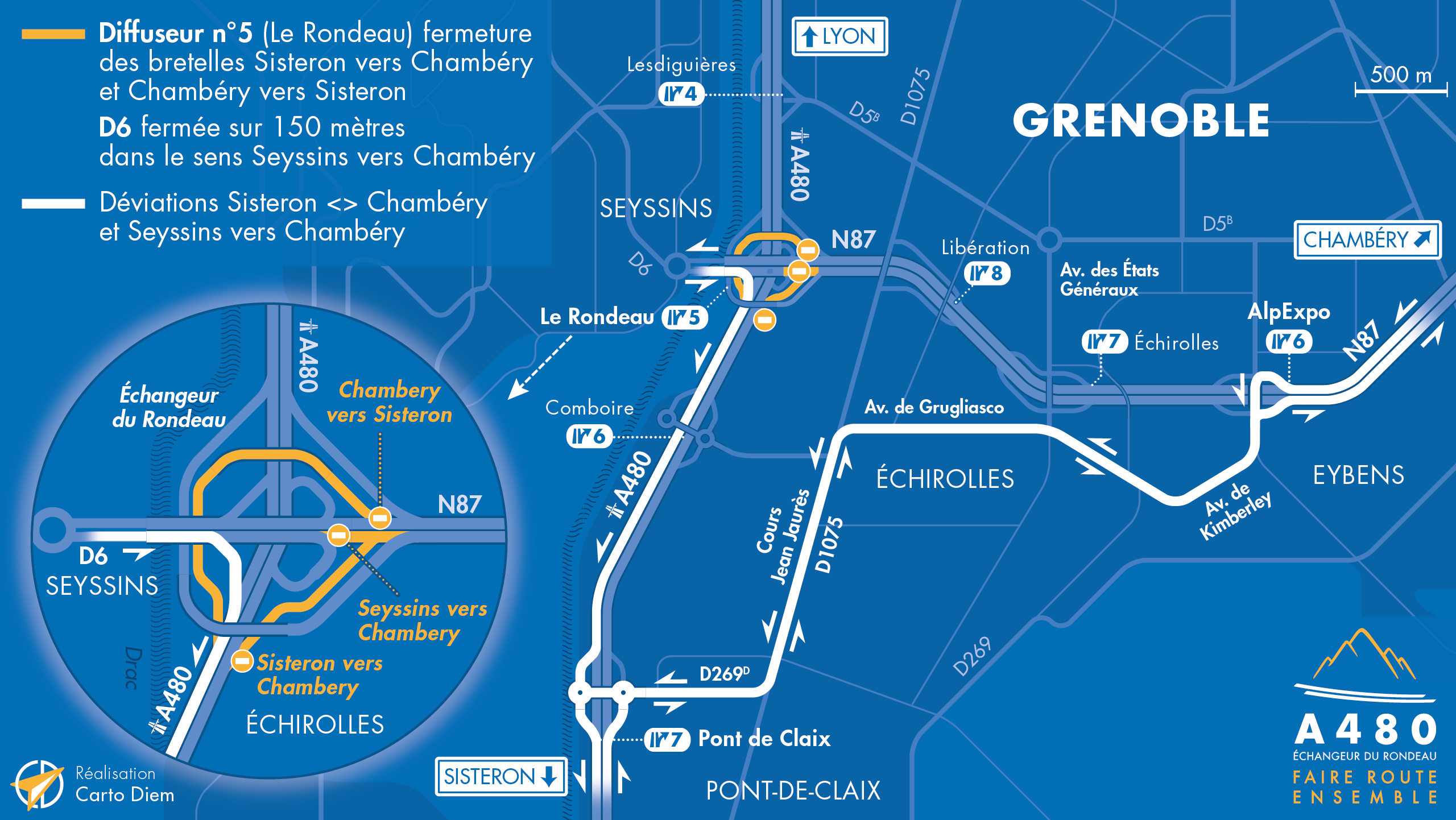 Carte de déviation suite à la fermeture de bretelle sur l'échangeur du Rondeau (n°5)