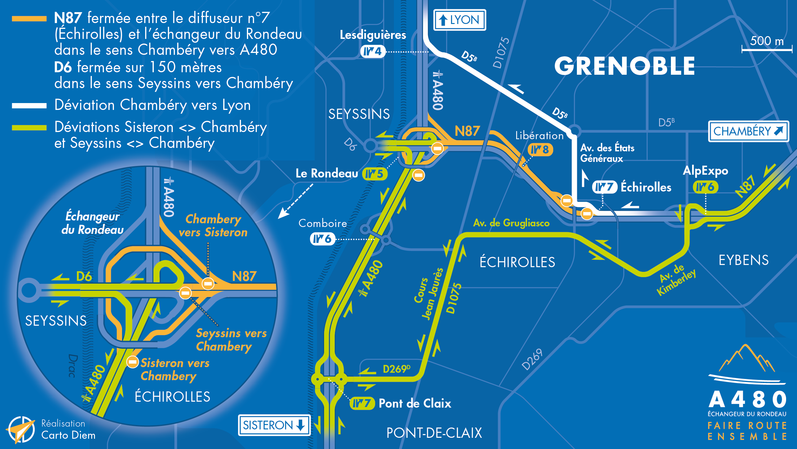 Carte de déviation suite à la fermeture de la Nationale N87 entre Échirolles et l'échangeur du Rondeau