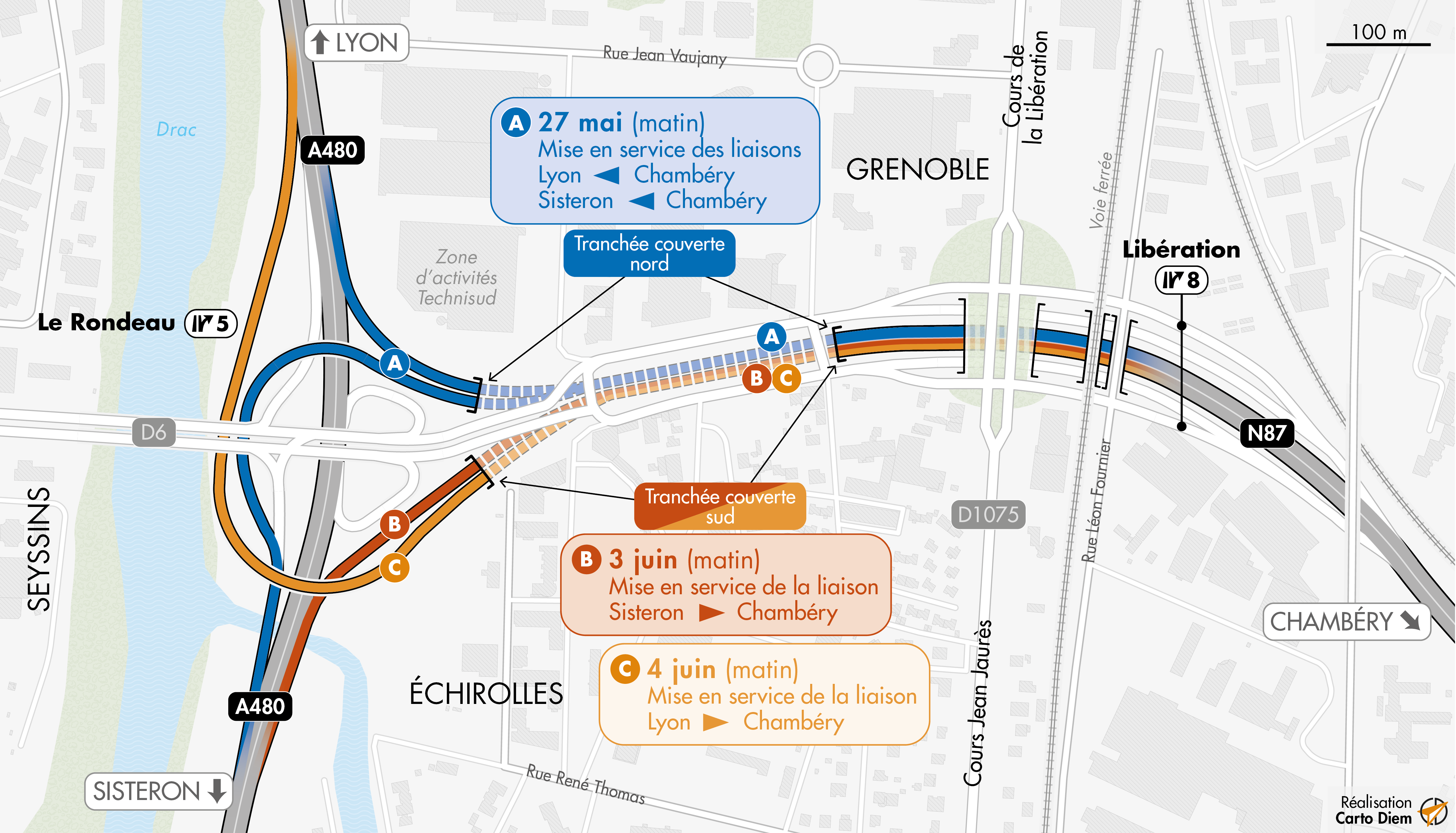 Carte détaillant les dates des mises en service de la tranchée couverte sur la nationale N87