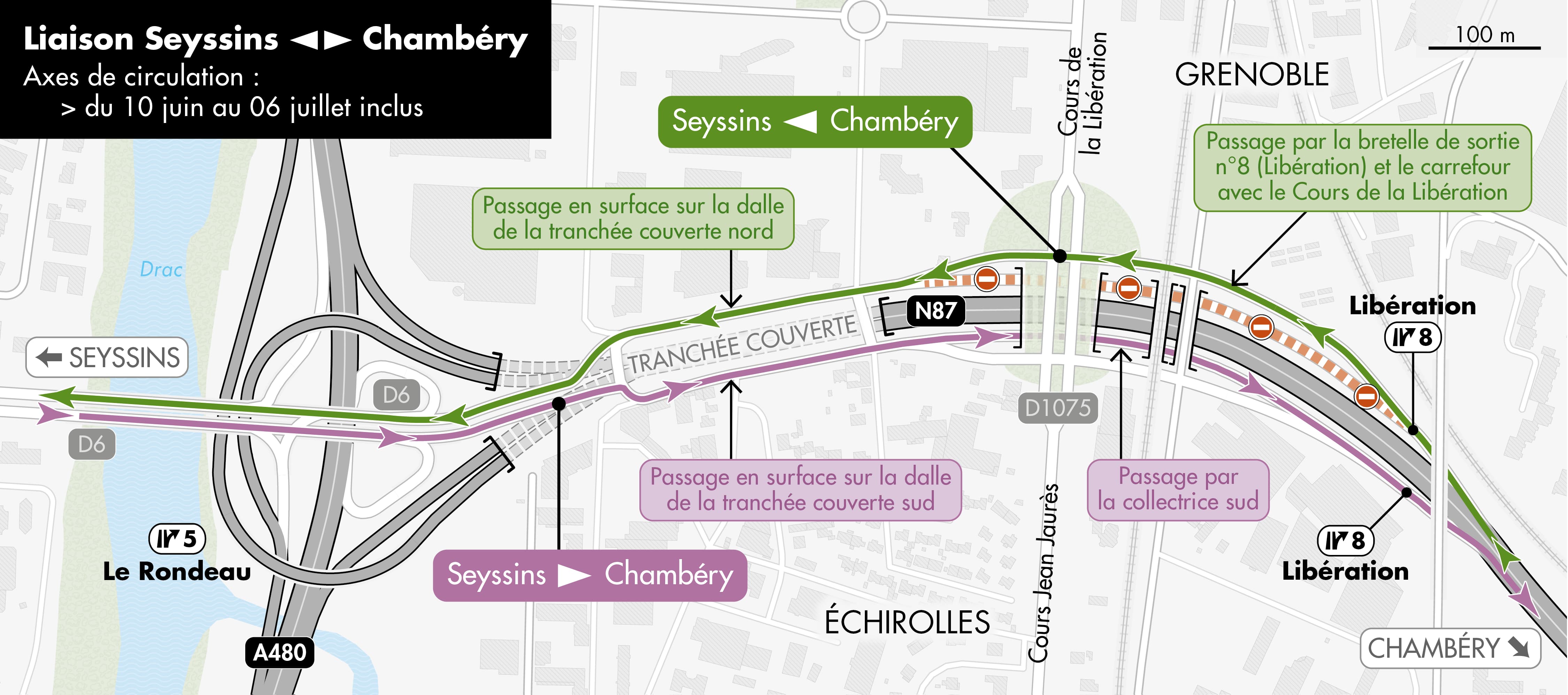 Carte de déviation sur l'axe Seyssins - Chambéry entre le 10 juin et le 7 juillet 2025