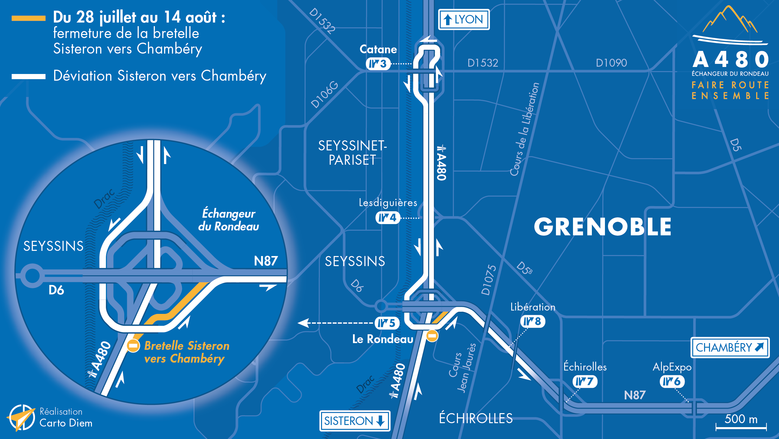 Carte de déviation suite à la fermeture de la bretelle d'entrée vers la nationale N87 Chambéry depuis l'autoroute A480 Sud par les équipes de la DREAL dans le cadre des travaux d'aménagement de l'échangeur du Rondeau