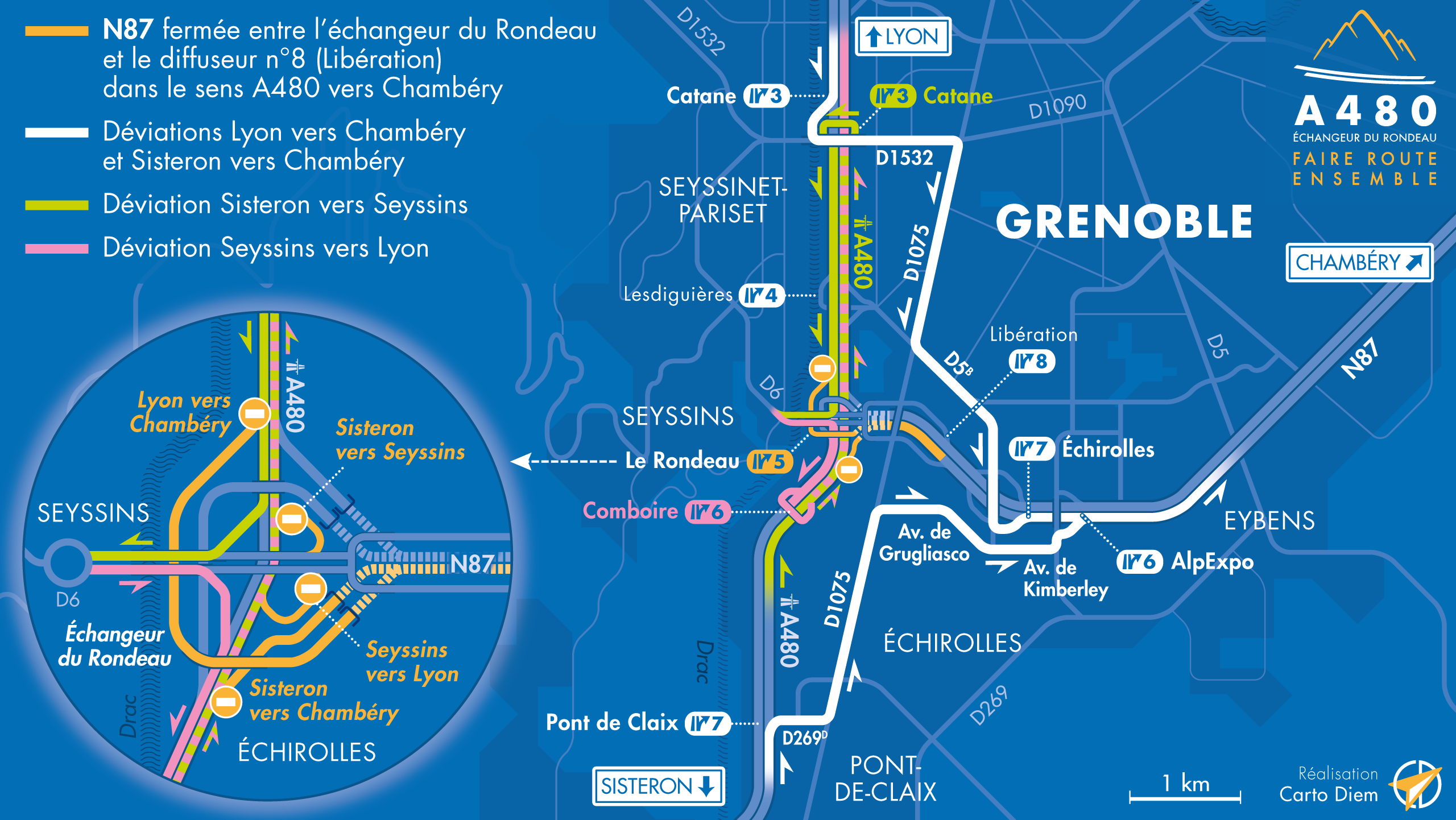 Carte de déviation sur le secteur du Rondeau de l'échangeur par les équipes de la DREAL