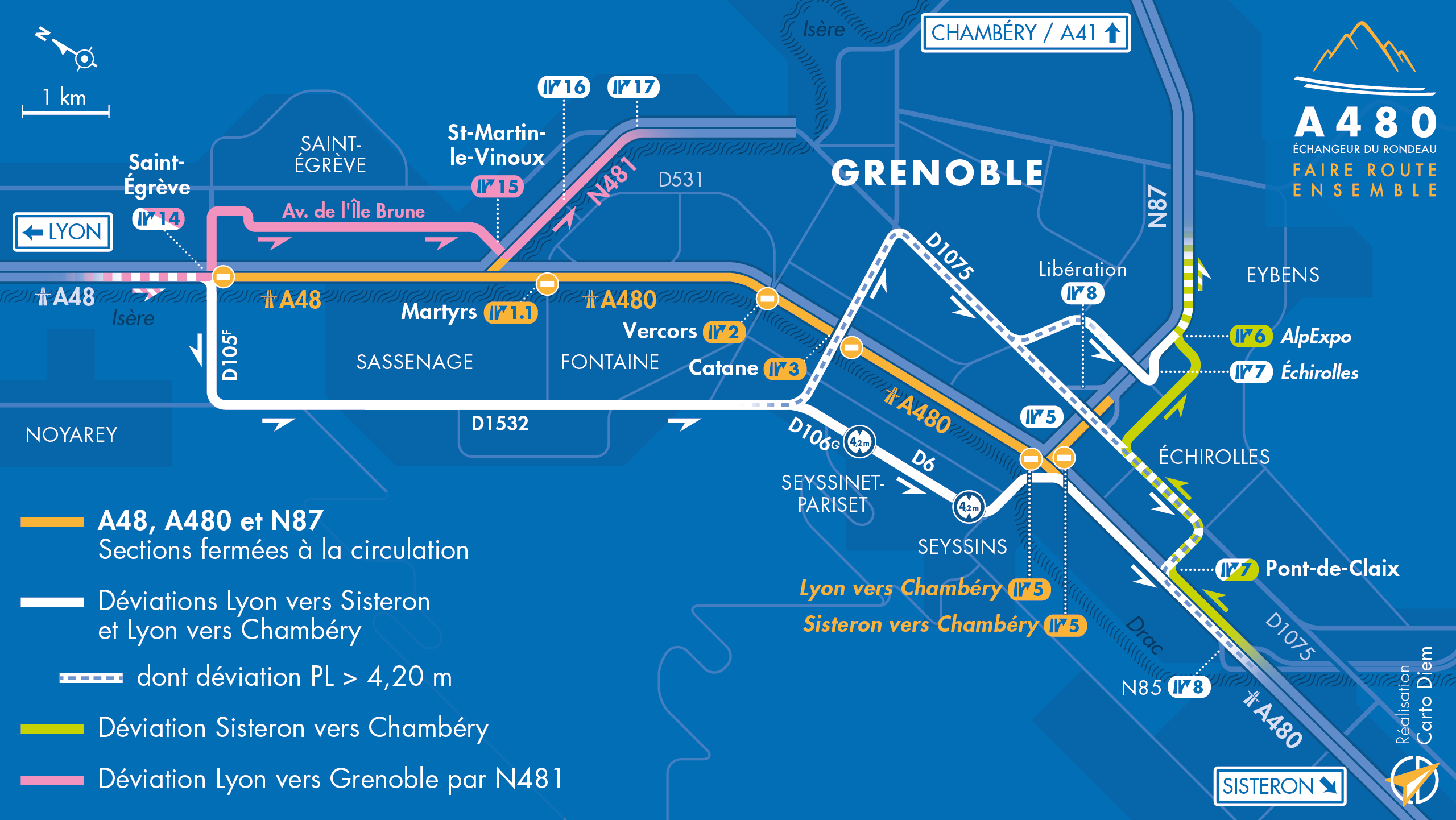 En direction de Sisteron, carte de déviation entre le diffuseur de Saint-Égrève et l'échangeur du Rondeau ainsi que la nationale N87 suite aux travaux réalisés par les équipes de la DREAL