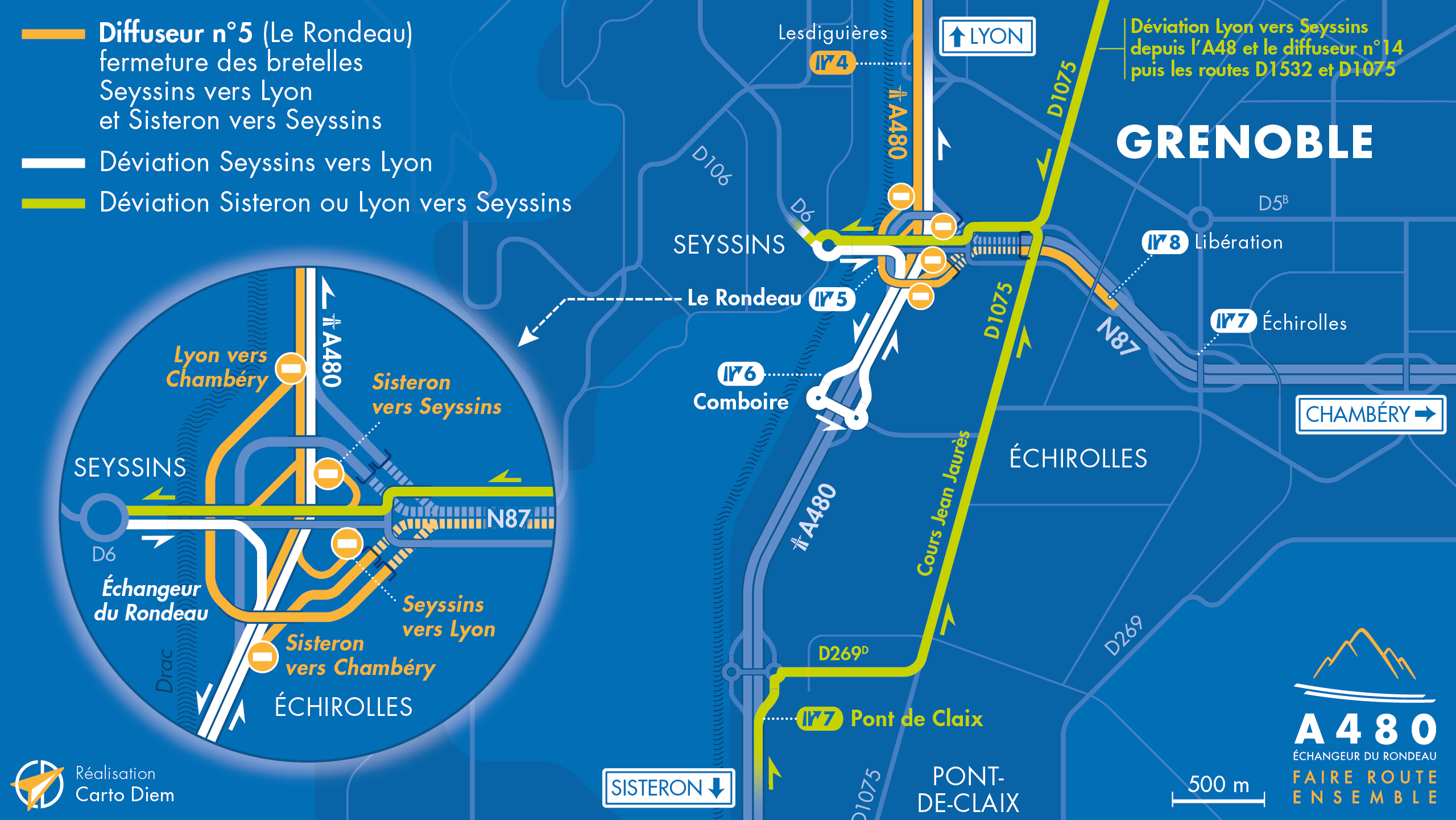 Carte de déviation sur le secteur de l'échangeur du Rondeau suite aux travaux réalisés par les équipes de la DREAL