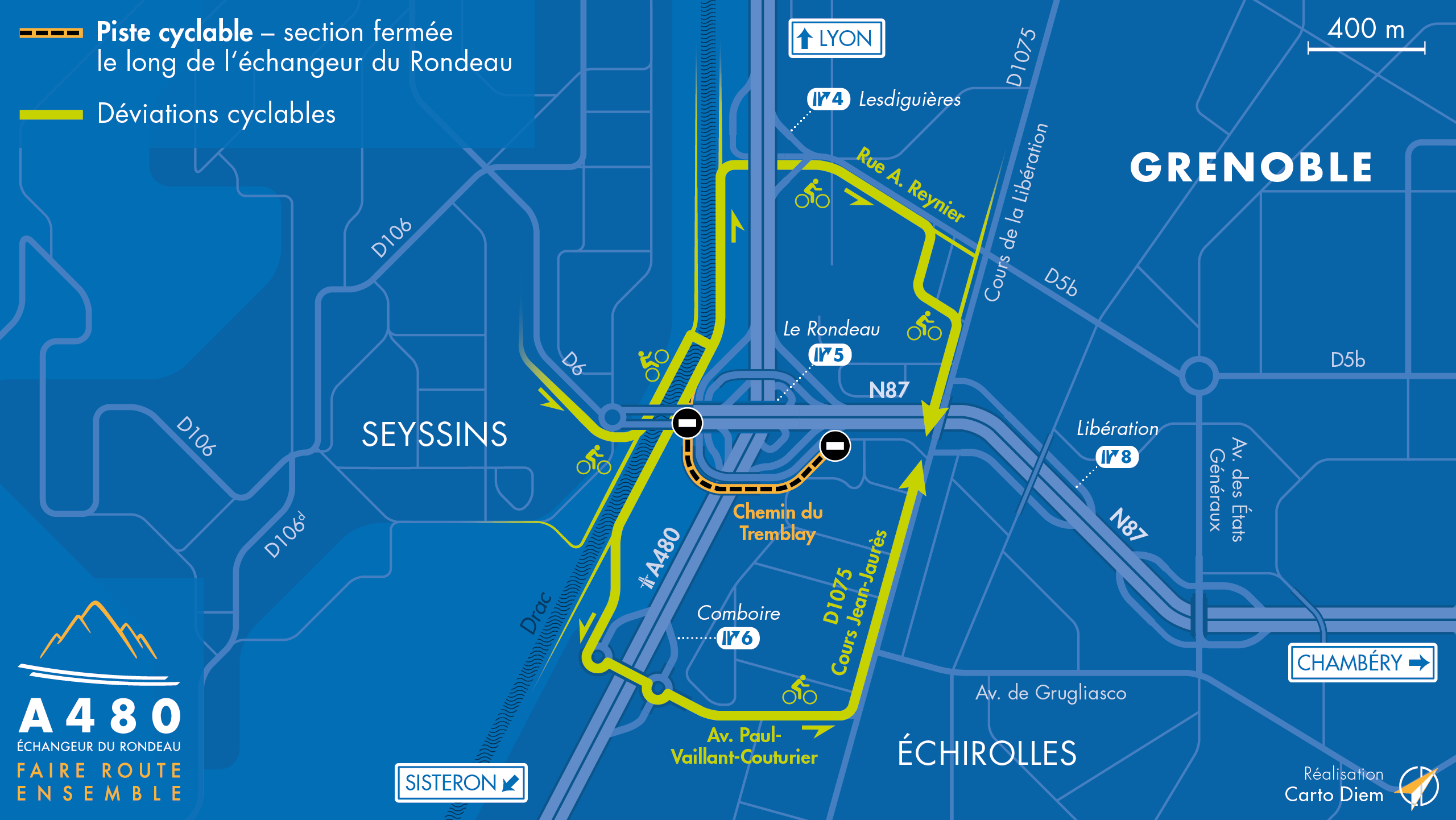 Carte de déviation suite à l'aménagement de la piste cyclable sur le chemin du Tremblay