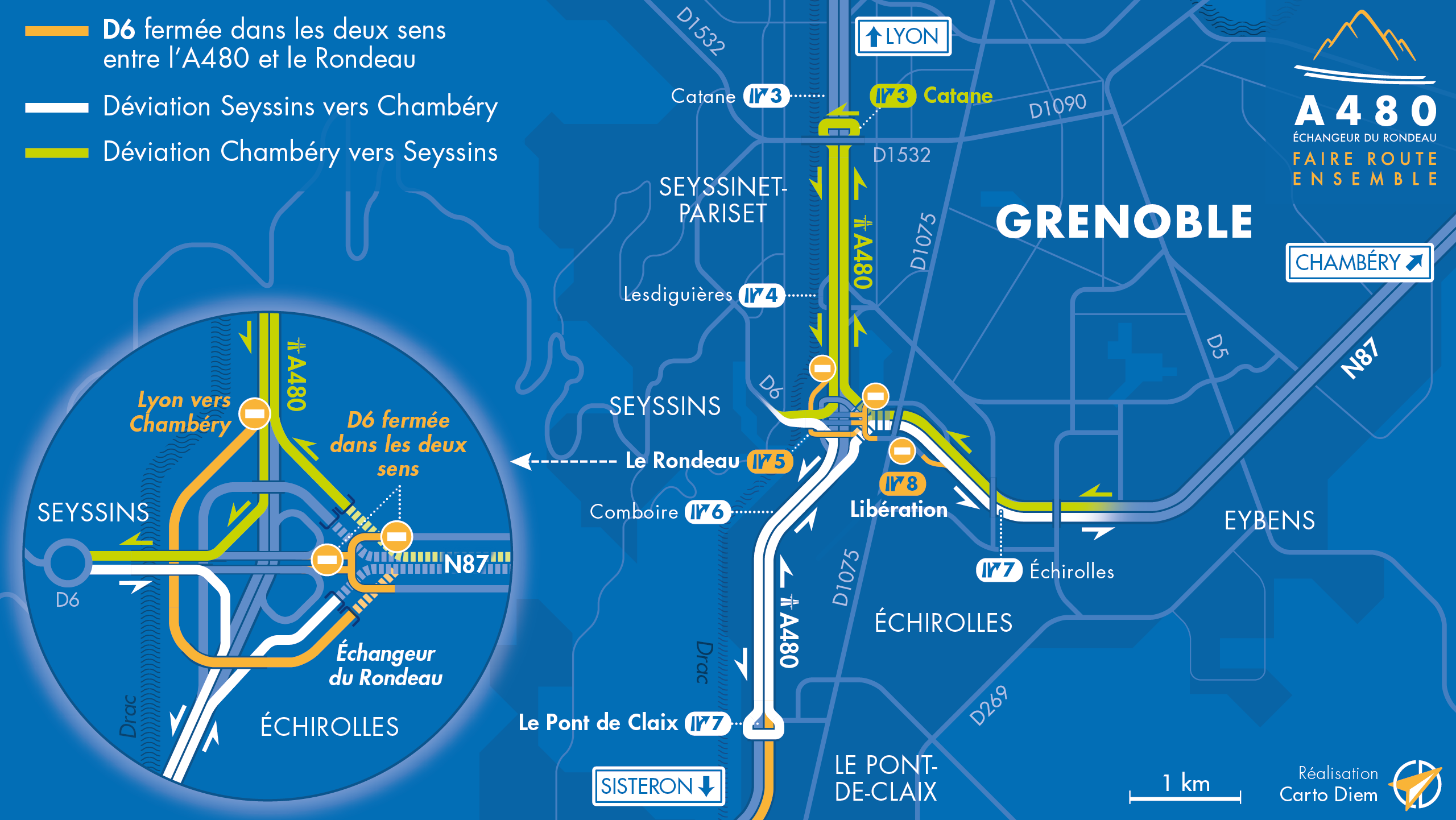 Carte de déviation suite aux fermetures sur le secteur du Rondeau ainsi qu'entre Claix et Pont-de-Claix