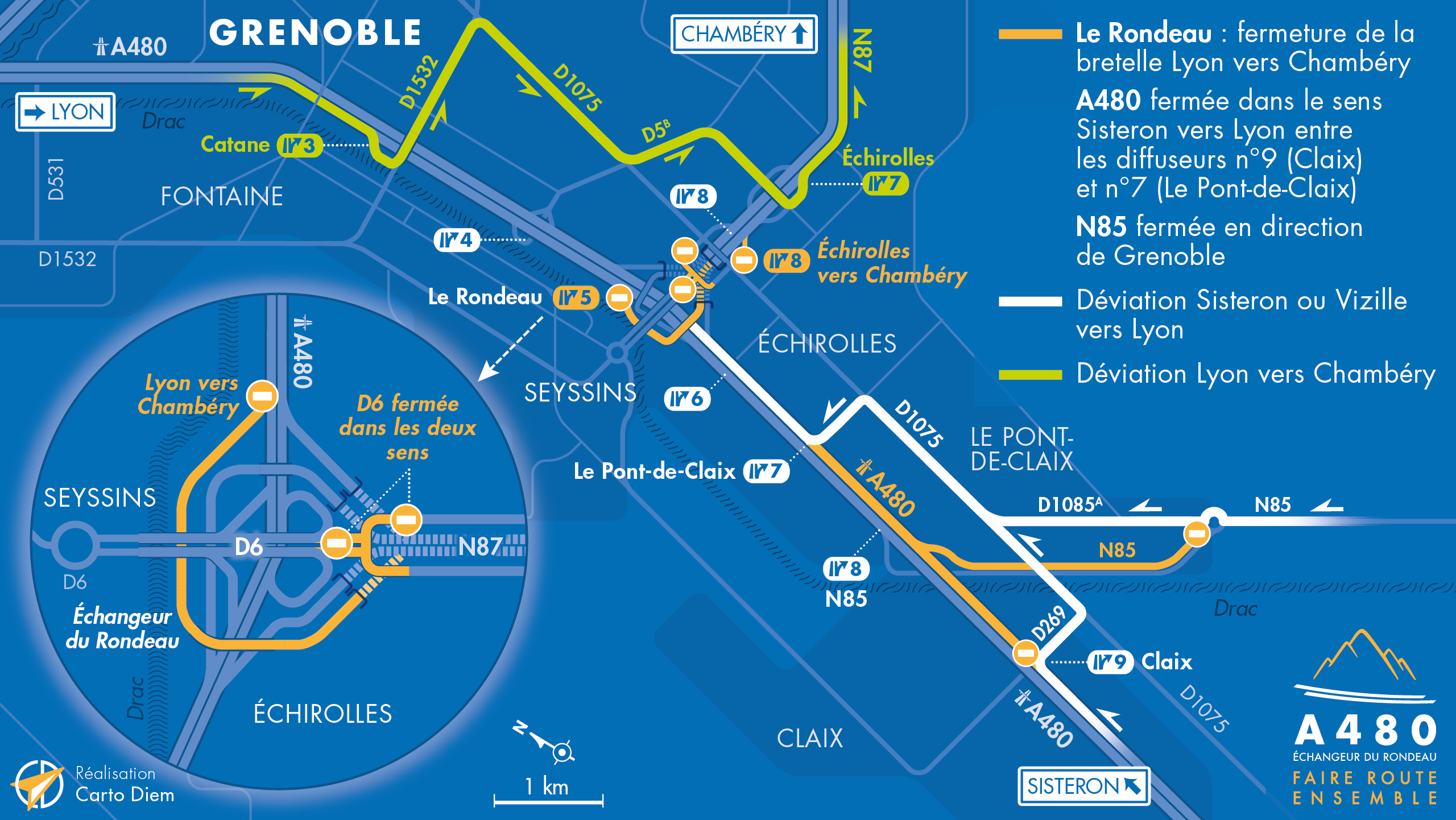 Carte de déviation suite aux fermetures sur le secteur du Rondeau ainsi qu'entre Claix et Pont-de-Claix