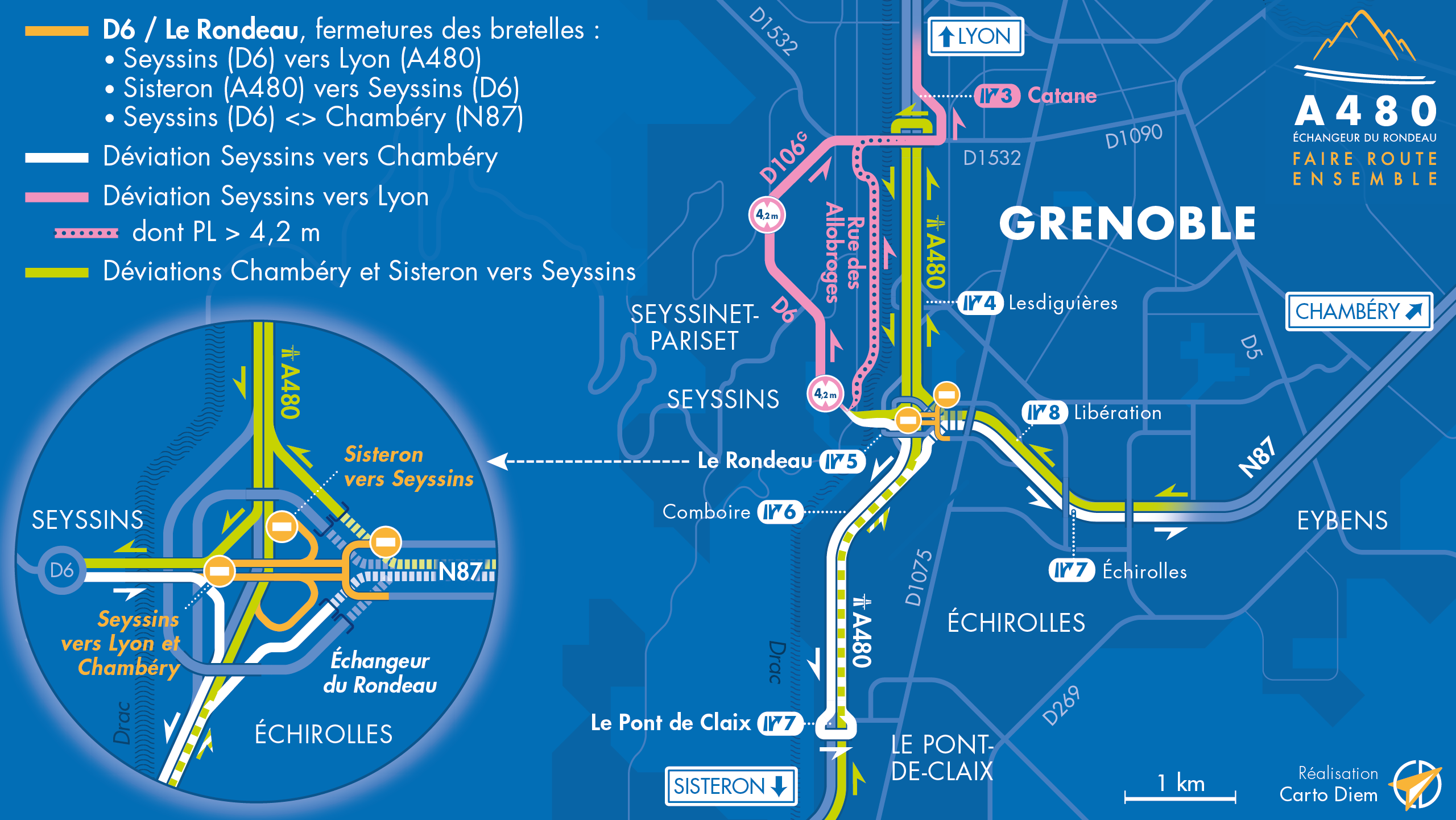 Carte de déviation suite aux fermetures sur le secteur du Rondeau par les équipes de la DREAL