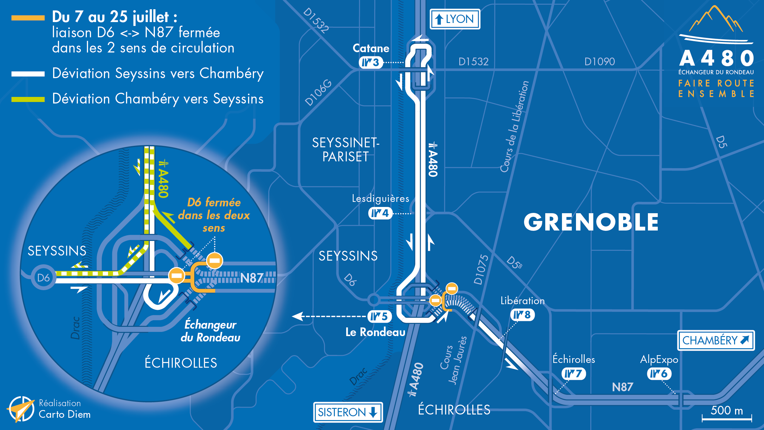 Carte de déviation suite à la fermeture de la liaison entre Seyssins et la rocade sud (RN87) par les équipes de la DREAL