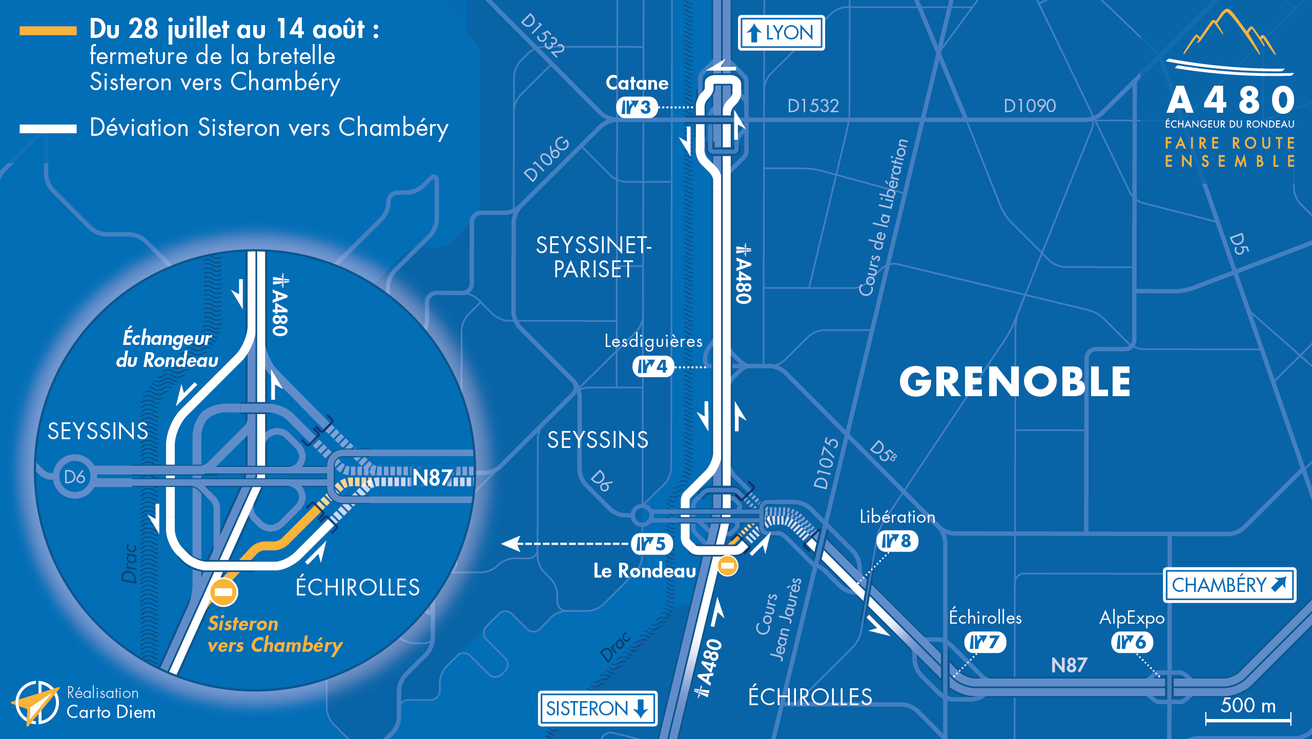 Carte de déviation suite à la fermeture de la bretelle de sortie vers Chambéry depuis l'autoroute A480 Sud.