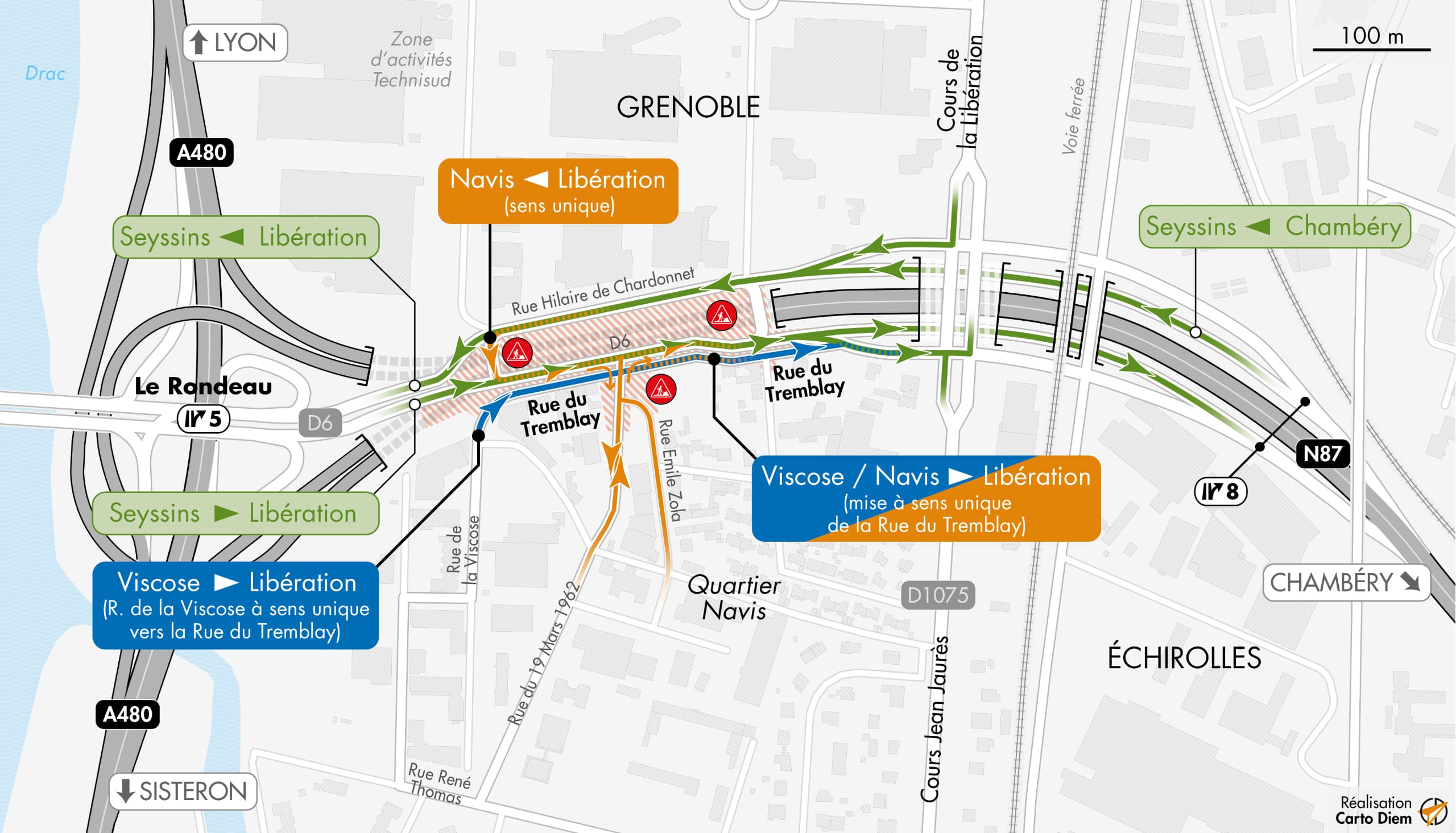 Carte de dévation suite à la modification des circulations en surface de la tranchée couverte par les équipes de la DREAL