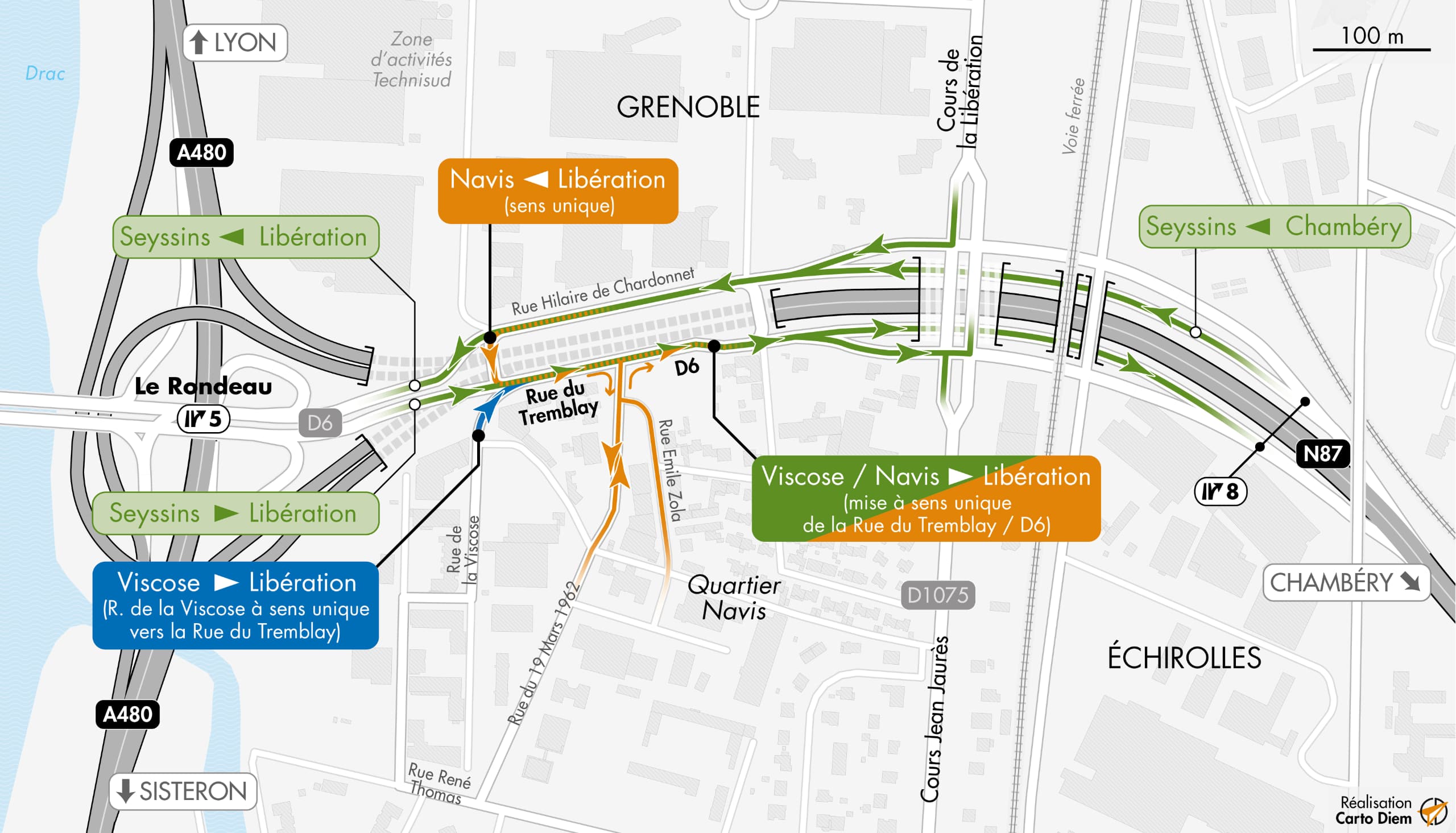 Carte de dévation suite à la modification des circulations en surface de la tranchée couverte par les équipes de la DREAL