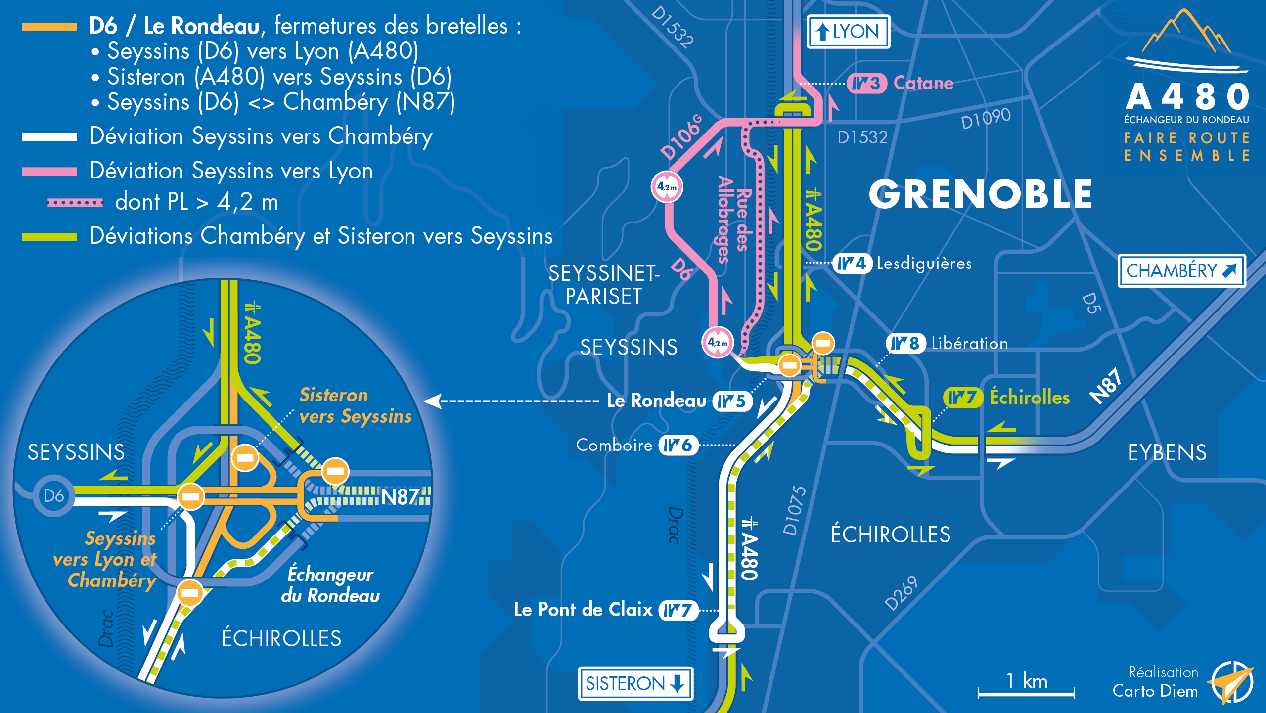Carte de déviation sur le secteur de l'échangeur du Rondeau suite aux travaux réalisés par les équipes de la DREAL