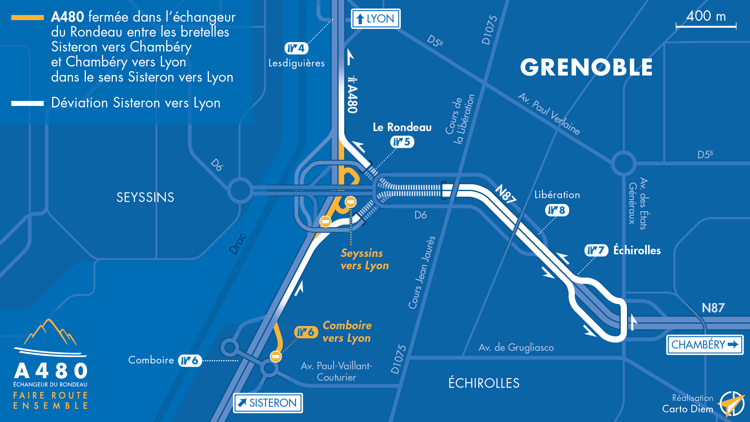 Carte zoomée de déviation sur le secteur de l'échangeur du Rondeau suite aux travaux réalisés par les équipes de la DREAL