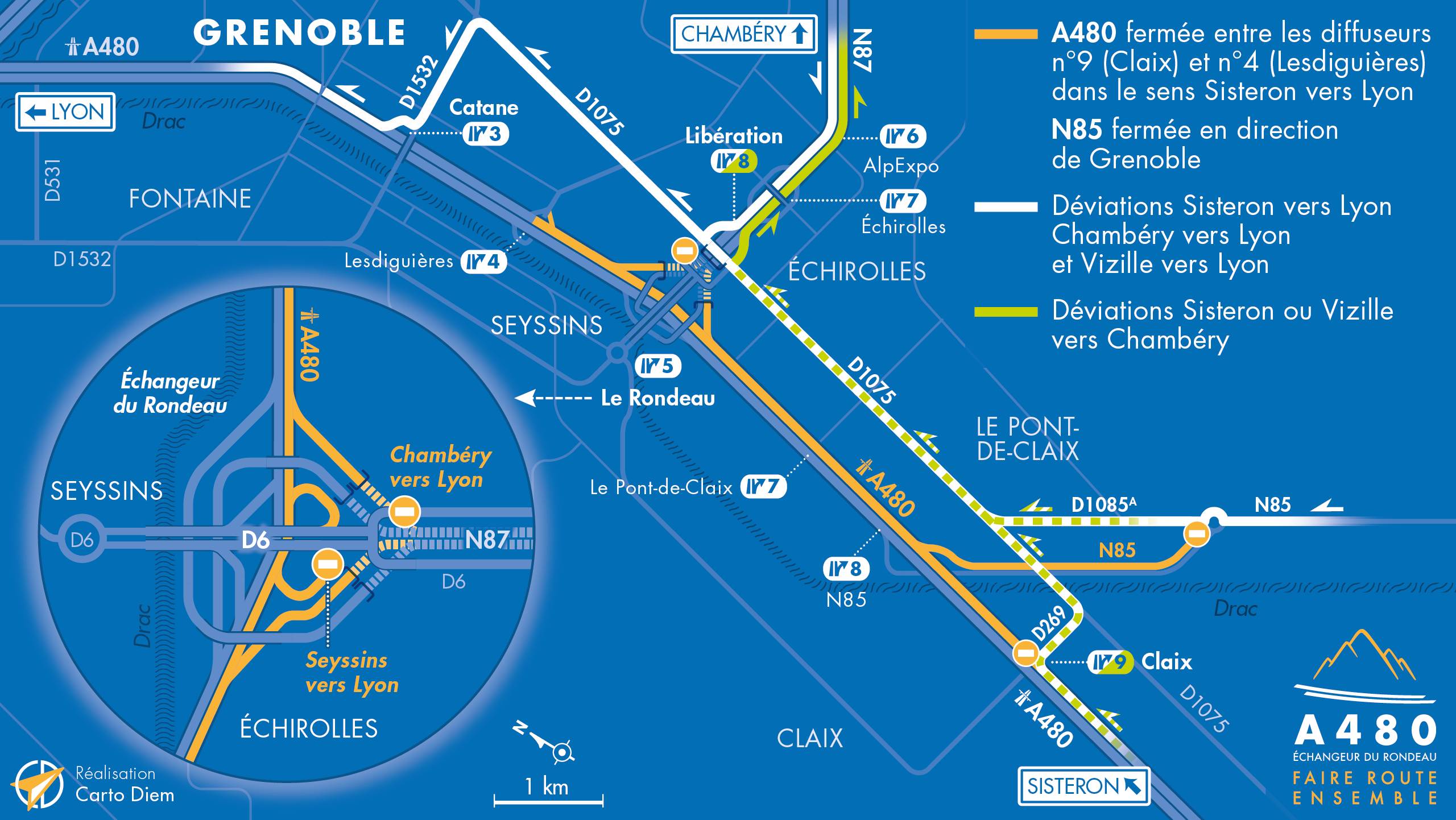 Carte de déviation suite à la fermeture d'une partie de l'autoroute A480 entre Catane et Claix