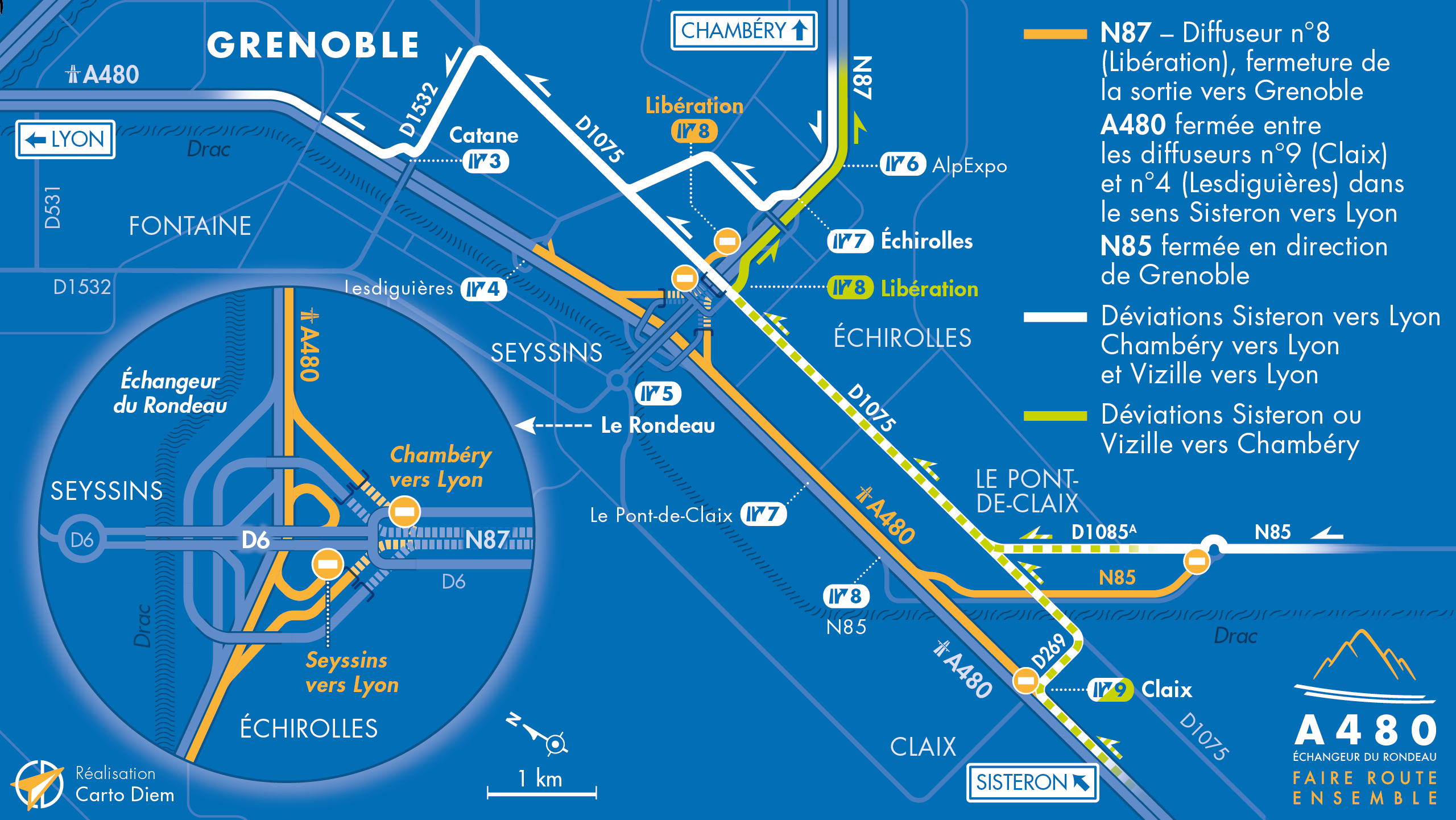 Carte de déviation suite à la fermeture d'une partie de l'échangeur du Rondeau ainsi que du diffuseur Libération (n°8)