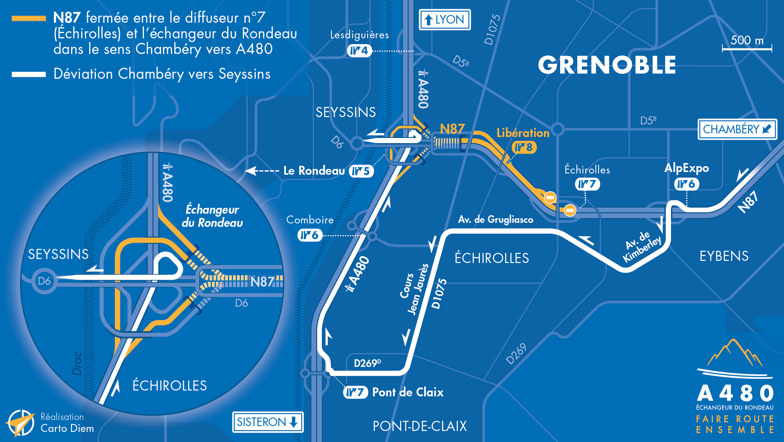 Carte de déviation suite à la fermeture d'une partie de l'échangeur du Rondeau et de la nationale N87 jusqu'à Echirolles