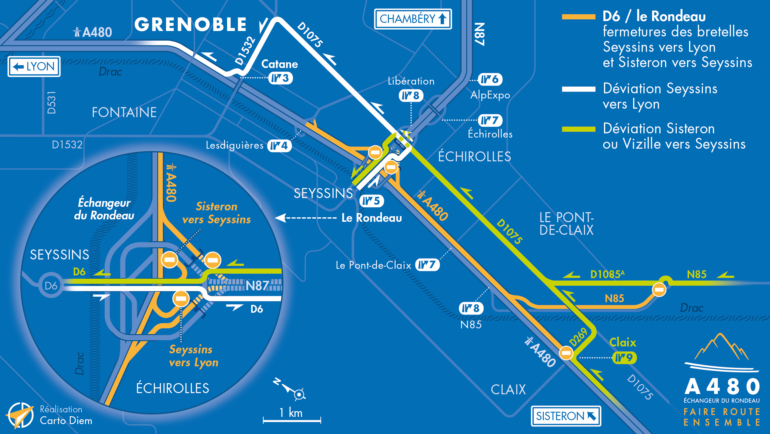 Carte de déviation pour une desserte locale suite à la fermeture d'une partie de l'autoroute A480 entre Catane et Claix