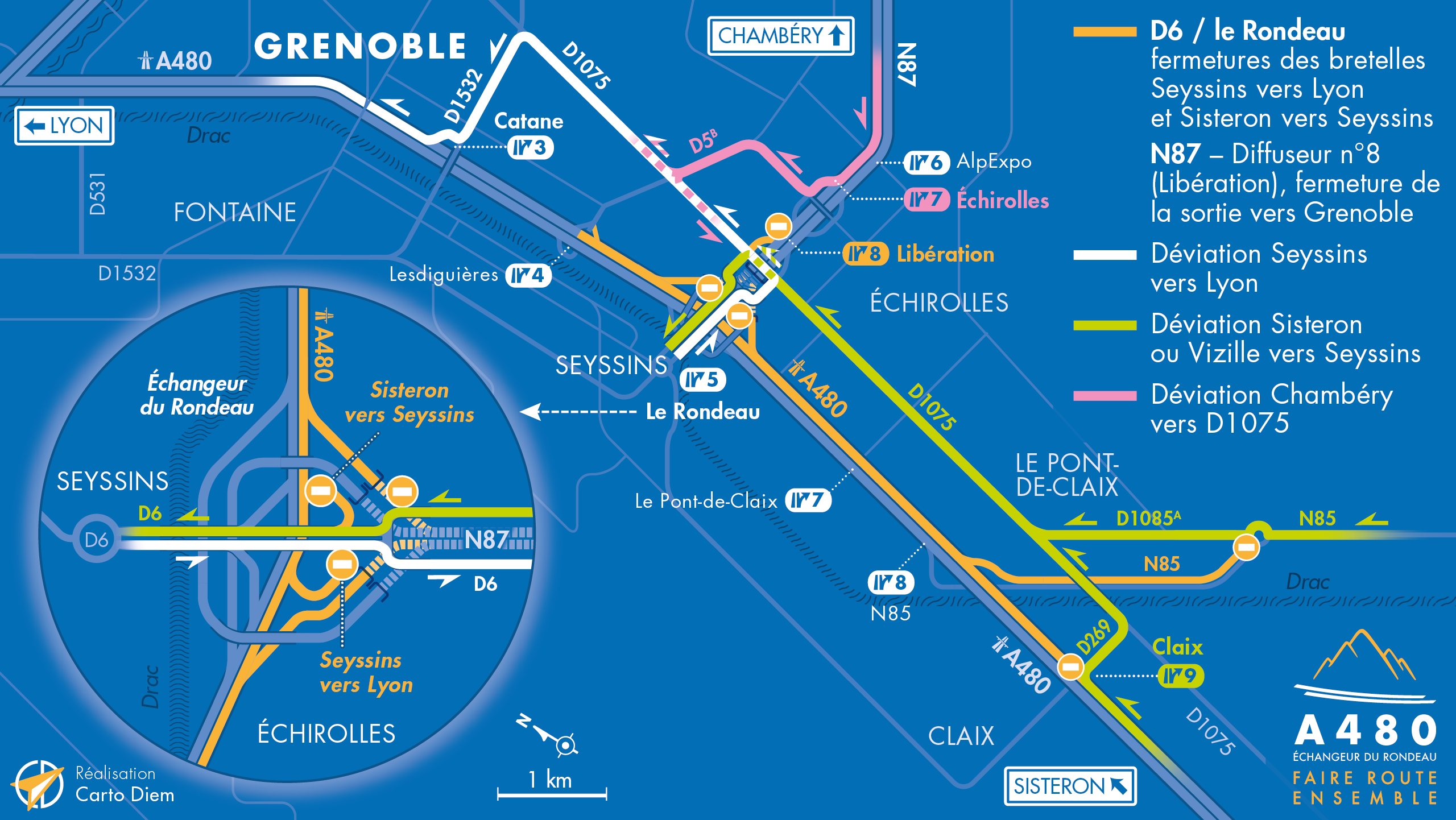 Carte de déviation suite à la fermeture d'une partie de l'échangeur du Rondeau ainsi que du diffuseur Libération (n°8) pour une desserte locale