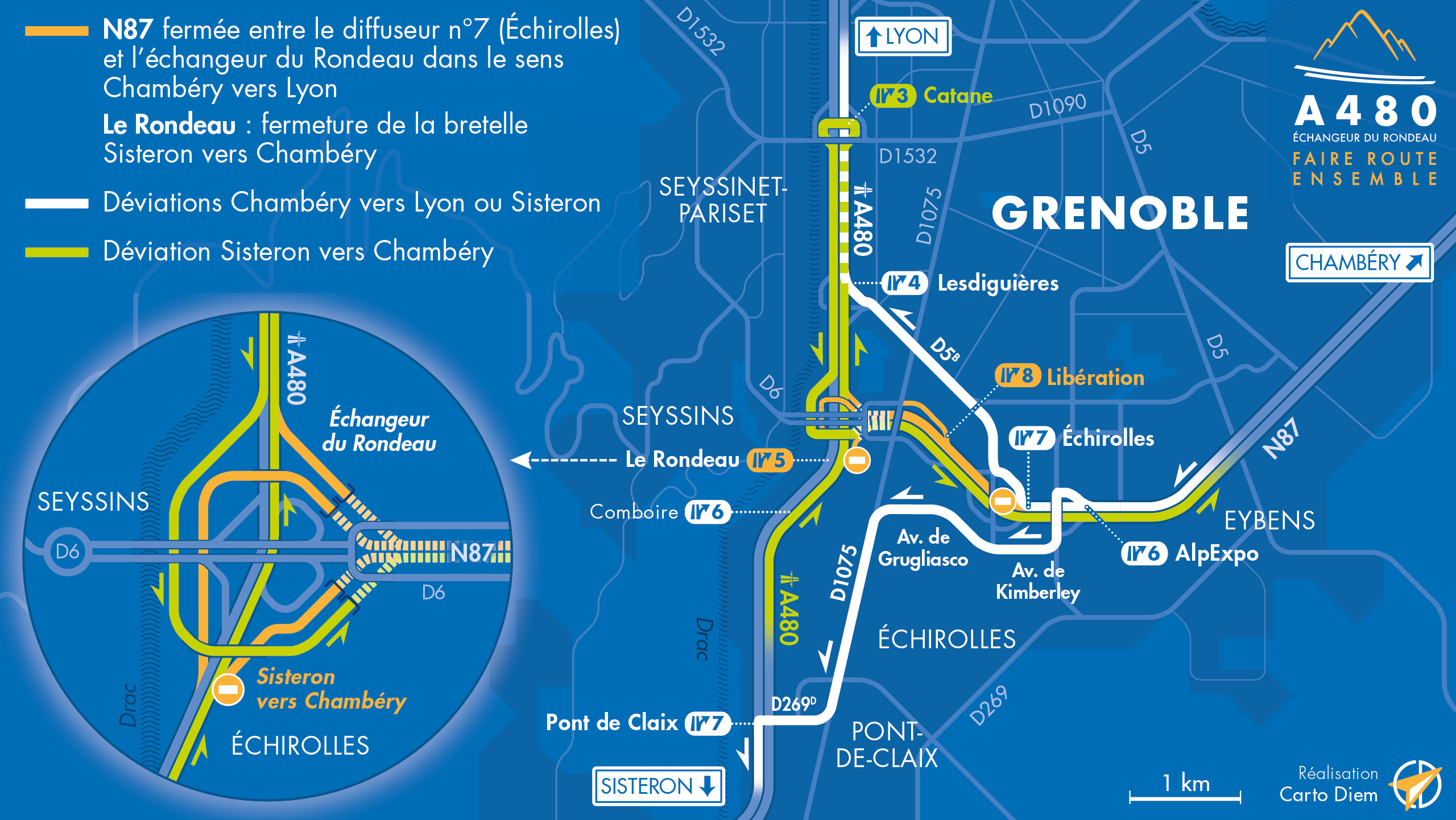 Carte de déviation suite à la fermeture d'une partie de l'échangeur du Rondeau ainsi que de la nationale N87
