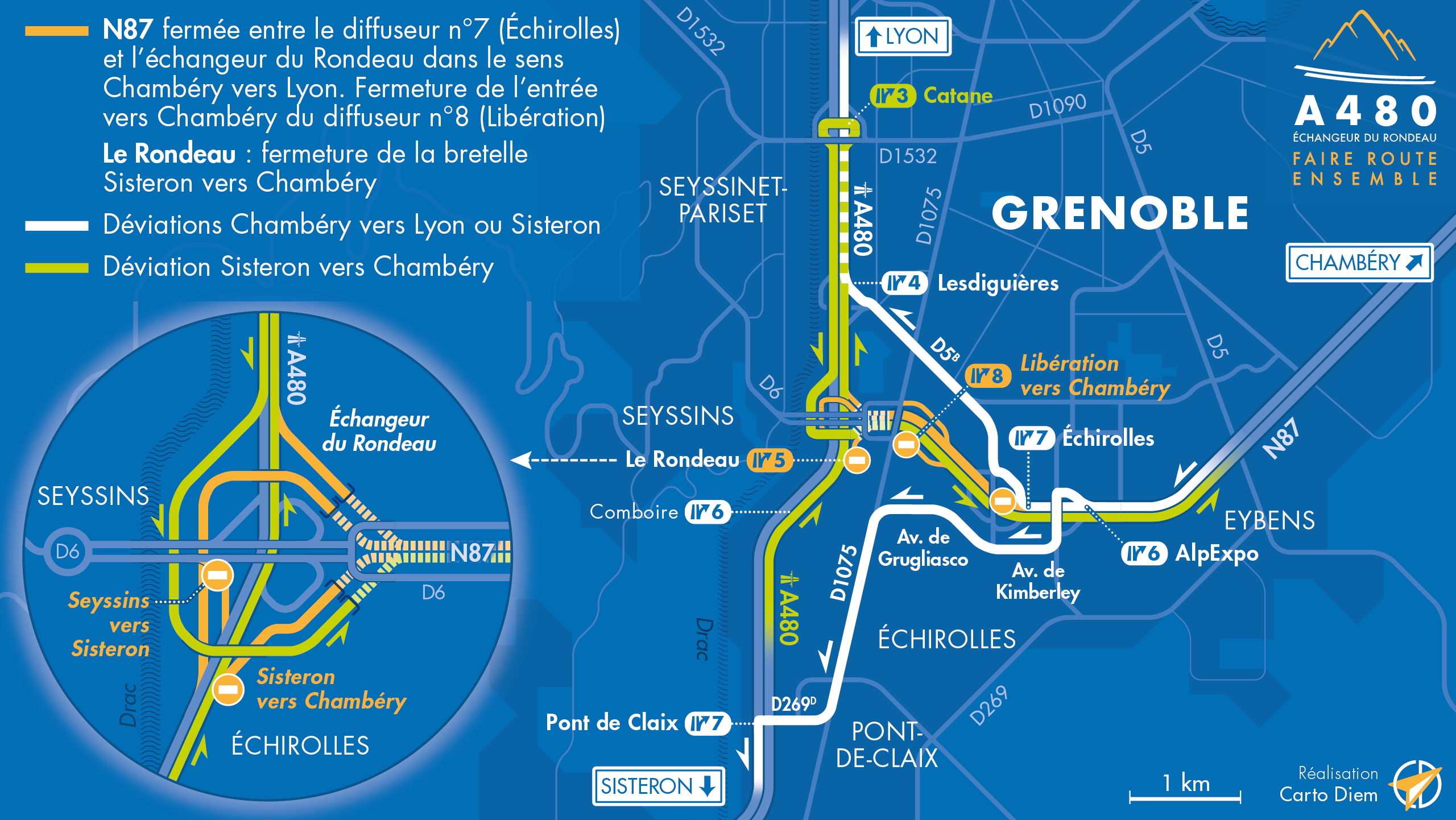 Carte de déviation suite à la fermeture d'une partie de l'échangeur du Rondeau ainsi que de la nationale N87