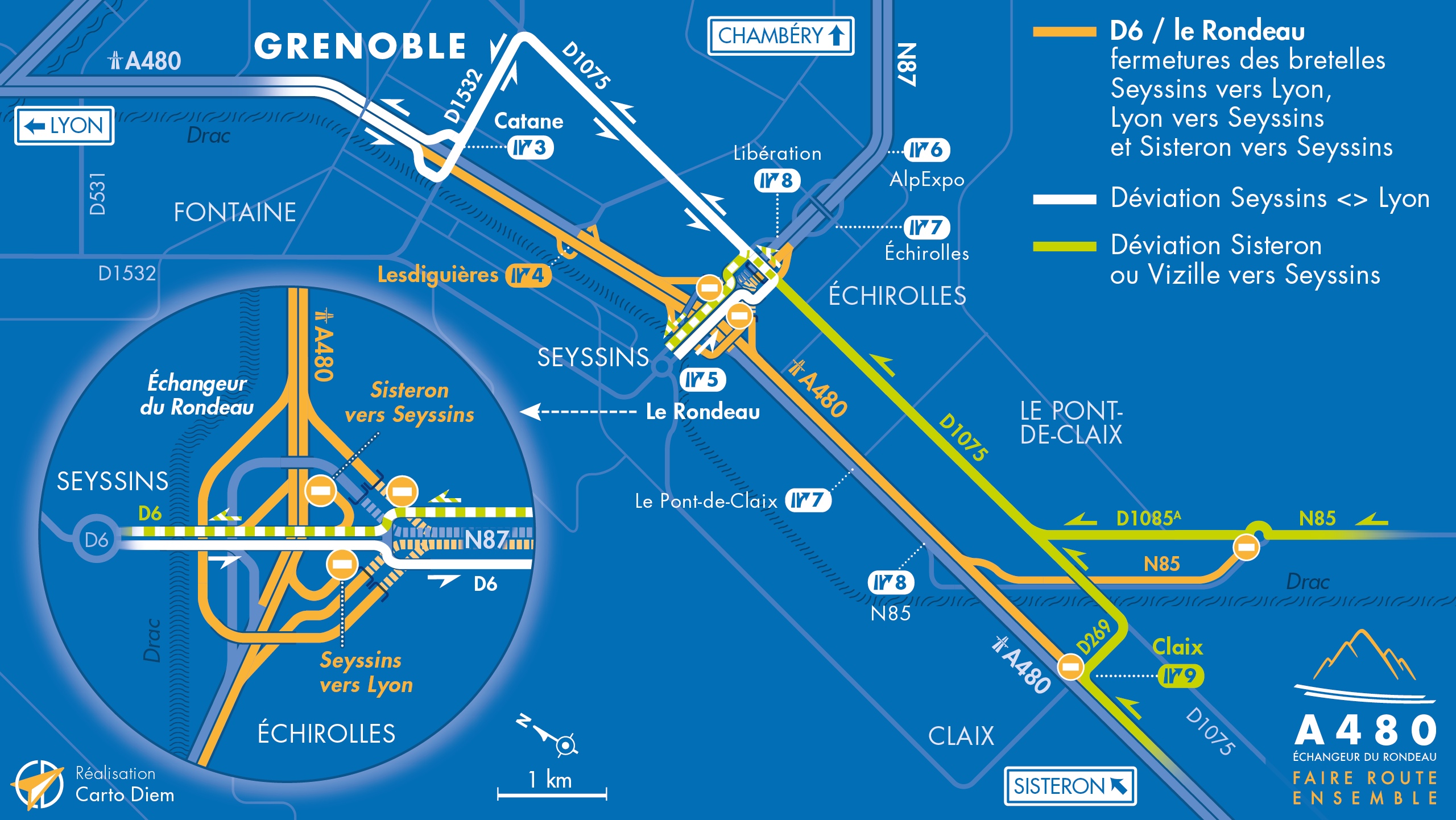 Carte de déviation suites aux aménagements de l'autoroute A480 entre le diffuseur de Catane et le diffuseur de Claix