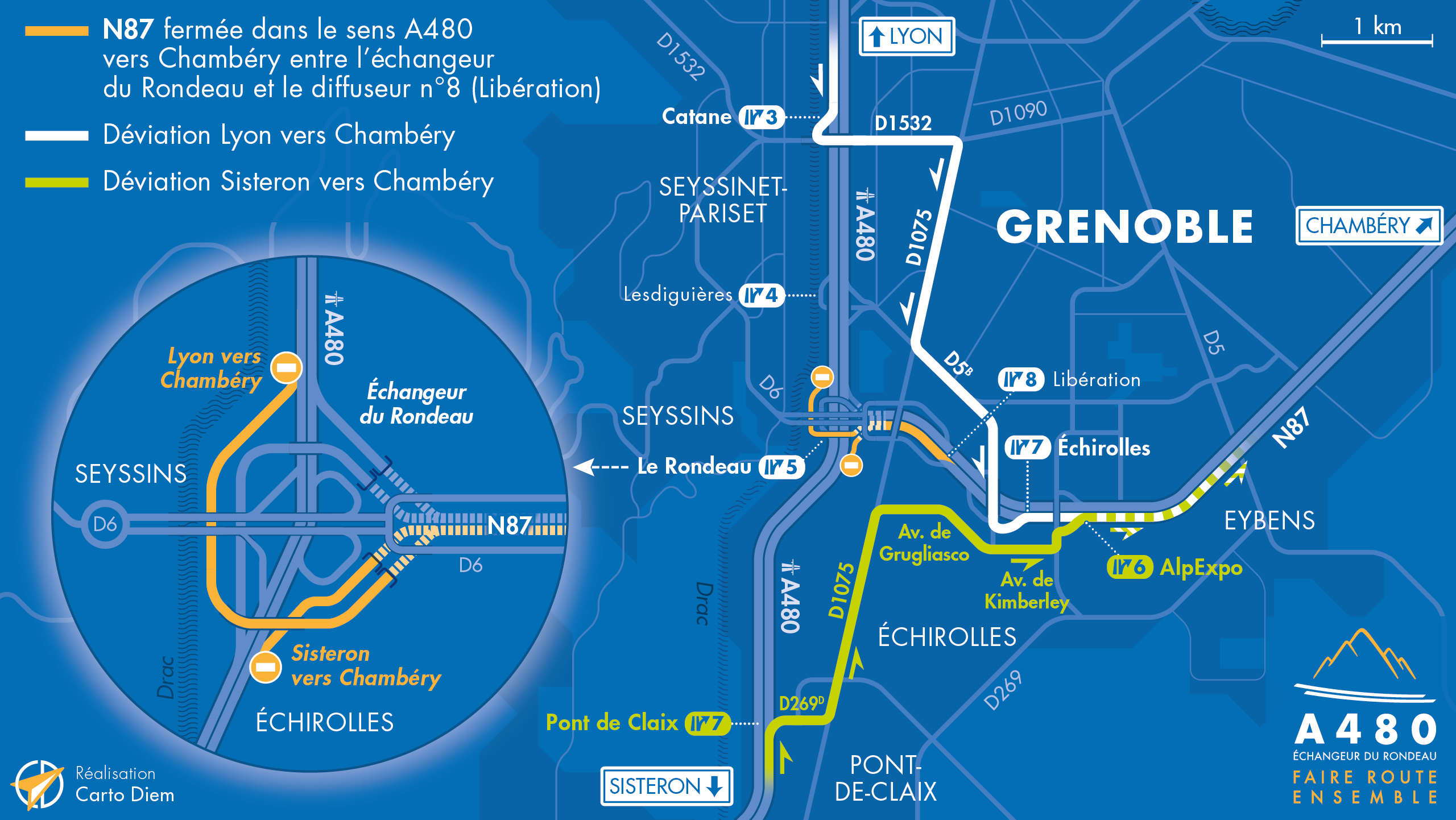 Carte de déviation sur le secteur du Rondeau et de la nationale N87 suite aux aménagements par les équipes de la DREAL