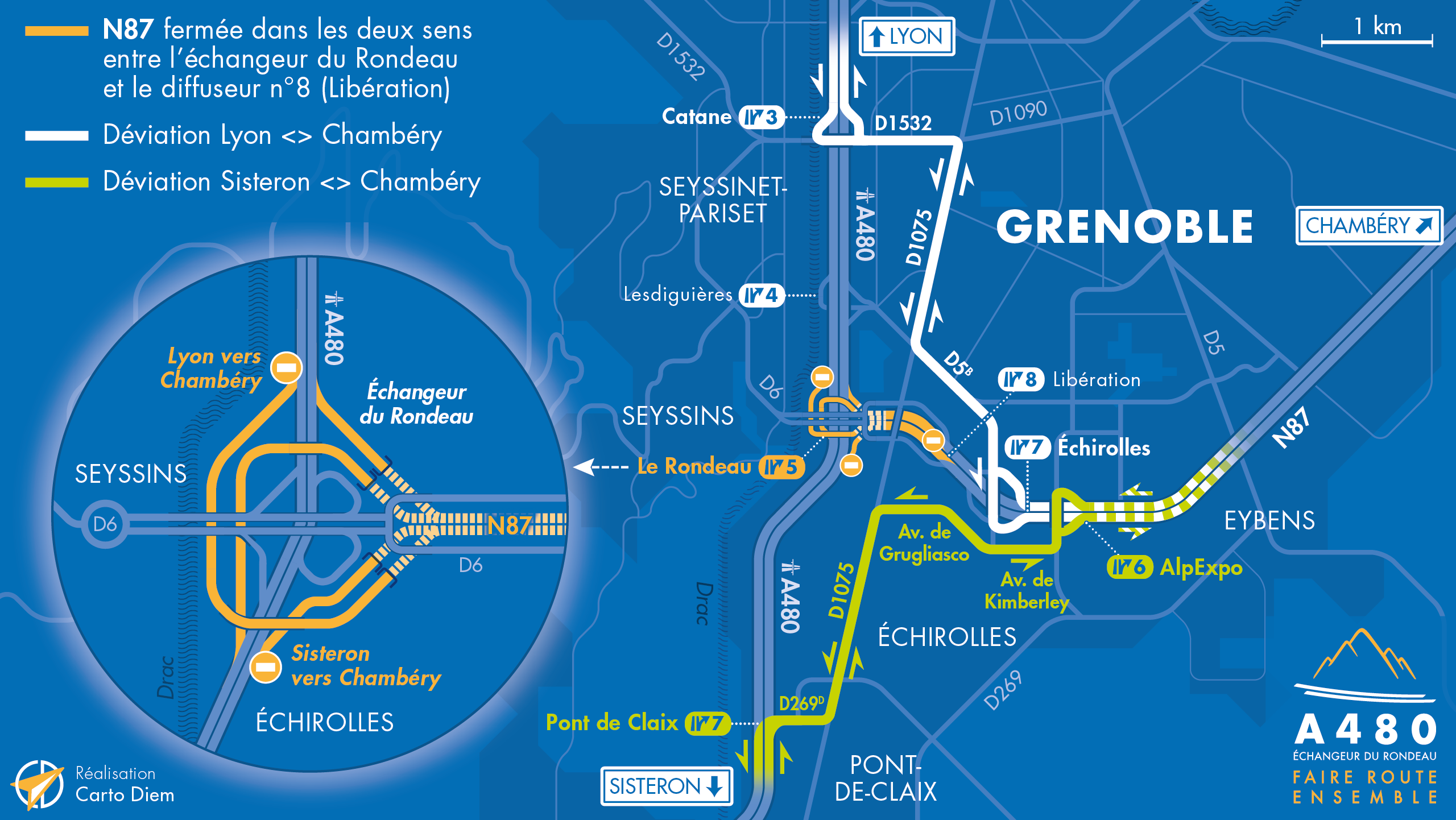 Carte de déviation sur le secteur du Rondeau et de la nationale N87 suite aux aménagements par les équipes de la DREAL