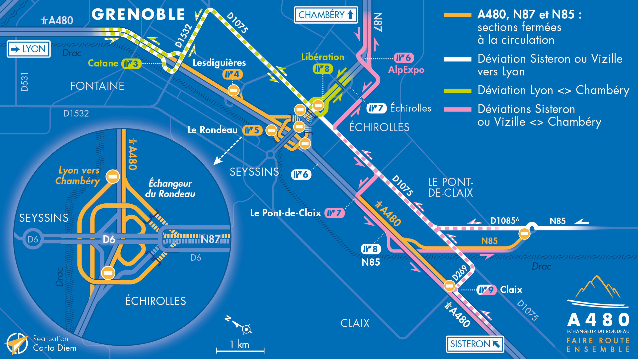 Carte de déviation suite à la fermeture de l'autoroute A480 entre Claix et Catane